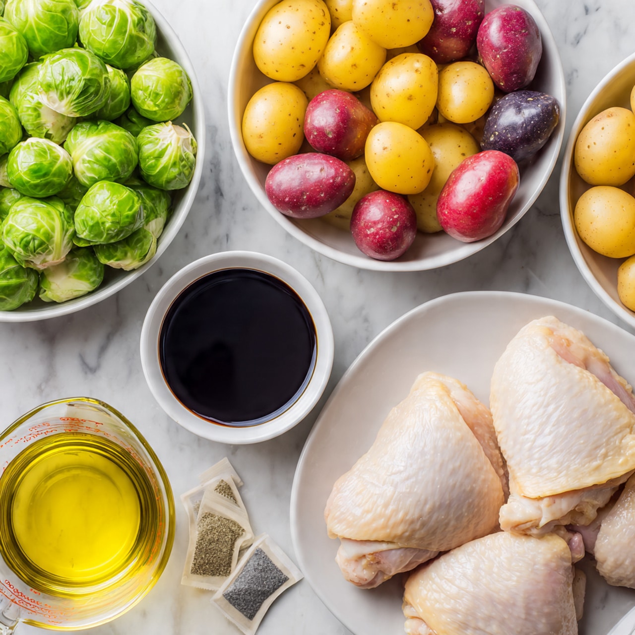 The image shows five bowls and packets with different ingredients arranged on a white marbled surface. At the top left, there is a white bowl filled with bright green Brussels sprouts, some of which are halved showing their dense layers. To the right, a white bowl holds a mix of baby potatoes in yellow, red, and purple colors, some whole and some cut in half, showing smooth, creamy insides. Below the Brussels sprouts is a small white bowl containing thick, dark balsamic vinegar. Near it is a transparent glass measuring cup filled with golden olive oil, reflecting light softly. At the bottom right, a white plate holds four raw chicken thighs with pale skin and visible textures of skin and meat underneath. Two small packets of Italian dressing seasoning mix are placed beside the balsamic vinegar bowl. The background is a smooth white marble surface. photo taken with an iphone --ar 4:5 --v 7