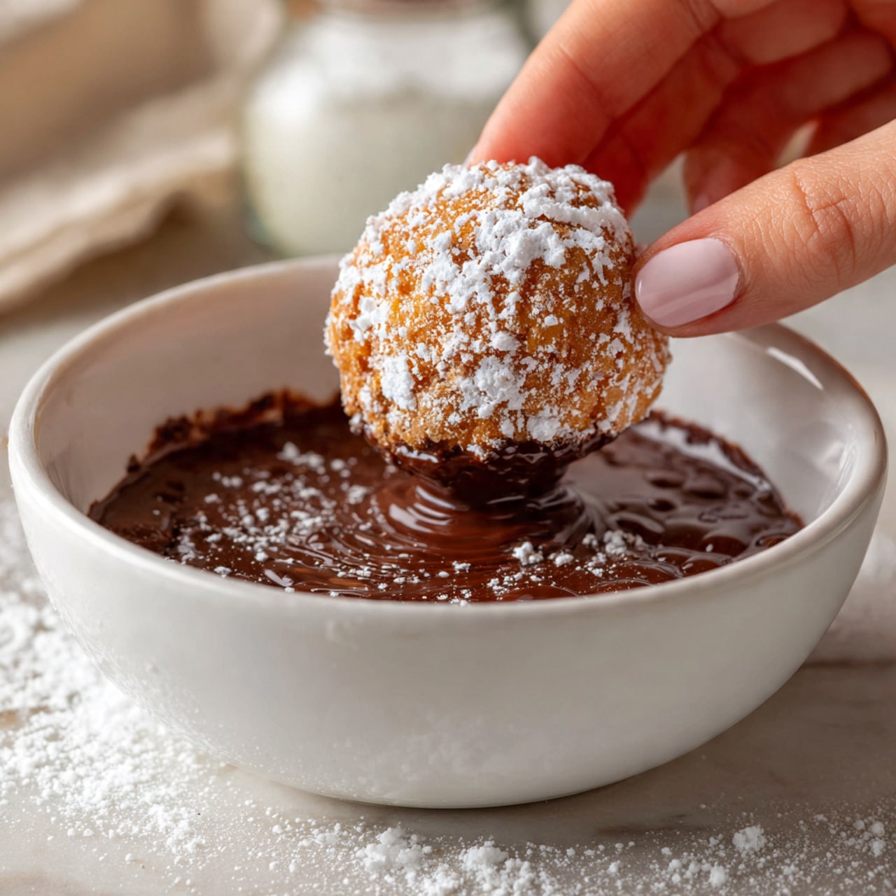 A close-up image shows a woman's hand dipping a small, round, light brown ball covered with powder sugar into a bowl filled with thick, dark chocolate sauce. The bowl is white and filled almost to the top with the smooth, shiny chocolate. The chocolate has small bubbles on its surface, and the white marbled surface beneath the bowl is scattered with some powdered sugar. In the blurred background, there is a light-colored glass container. photo taken with an iphone --ar 4:5 --v 7