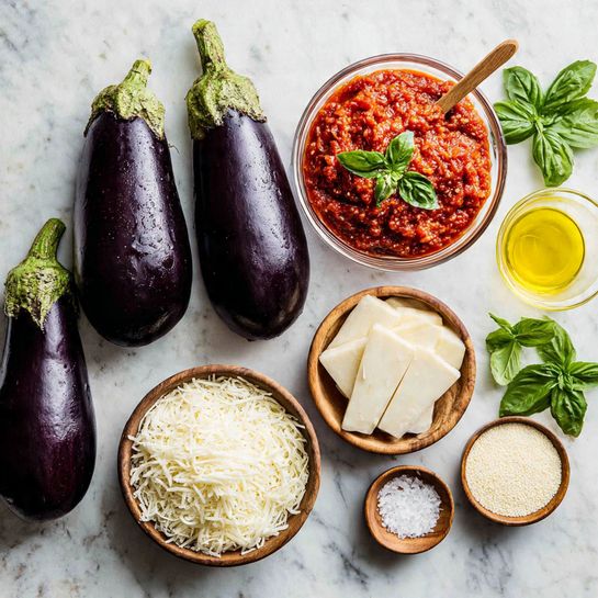 A photo showing ingredients for a dish, including three large dark purple eggplants with green tops placed side by side on a white marbled surface, a clear bowl filled with chunky red tomato sauce topped with green basil leaves and a wooden spoon inside, a wooden bowl full of shredded white cheese, a smaller wooden bowl with several slices of white cheese, a small glass container with light yellow olive oil, a tiny wooden bowl with coarse salt, fresh green basil leaves on the right, and two small wooden bowls filled with fine white breadcrumbs, all arranged neatly on the white marbled surface, photo taken with an iphone --ar 4:5 --v 7