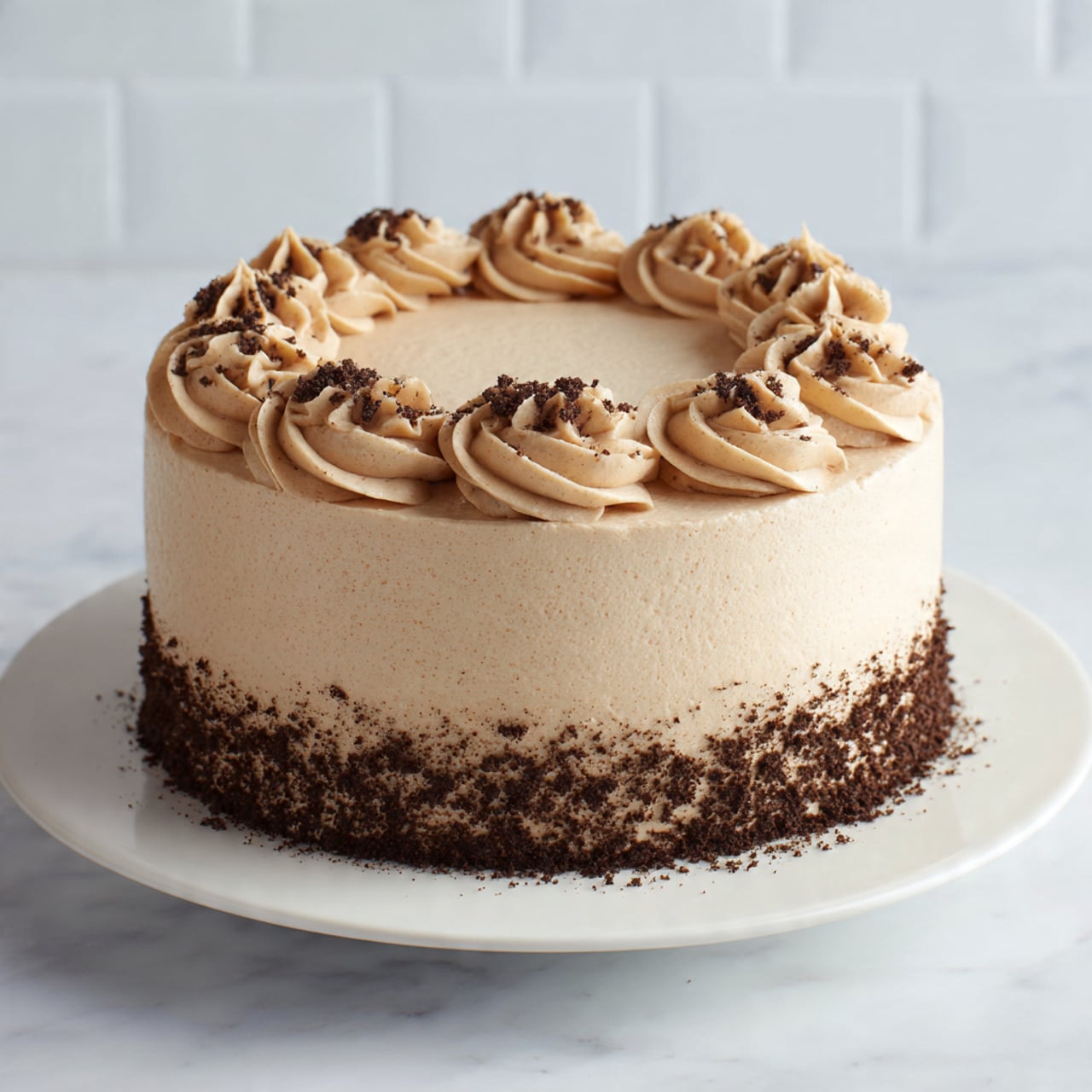 A thick round cake with one main layer is covered in a smooth, light brown frosting with visible textured swirls and soft peaks all around its sides and top. Small chunky pieces of what look like crunchy cookie crumbs in a darker brown color are scattered loosely on top. The cake sits on a simple white plate against a white marbled surface and a white tiled background, showing just the side and slight top view of the cake. photo taken with an iphone --ar 4:5 --v 7