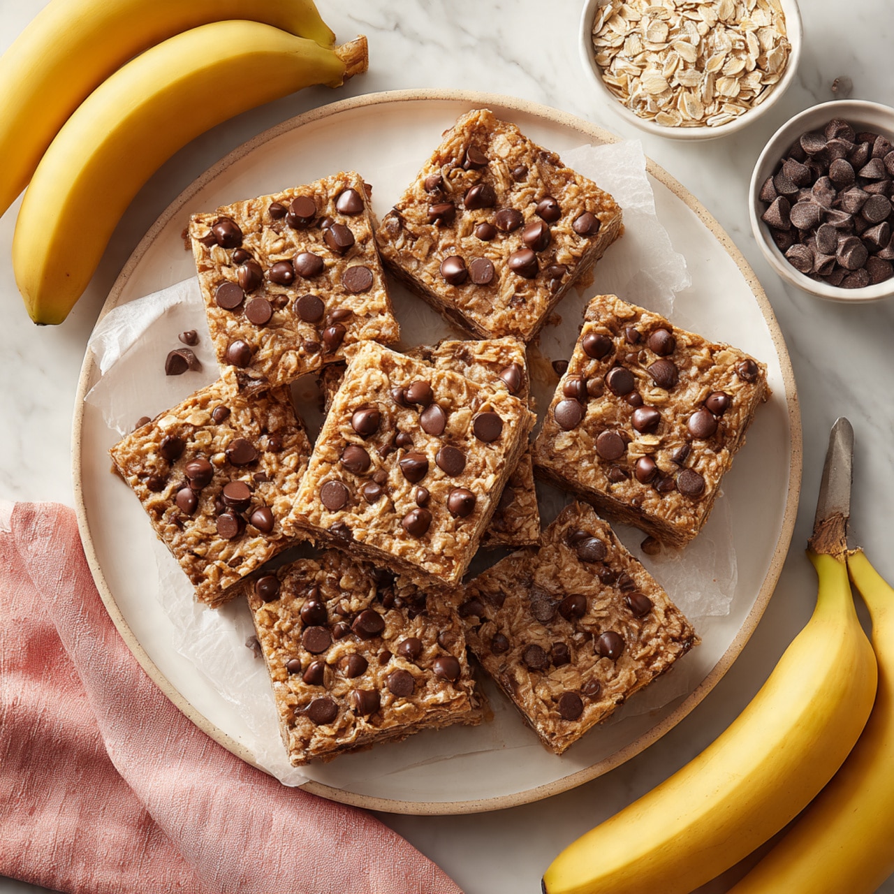 Nine square oatmeal bars with chocolate chips sit on white parchment paper on a round white plate. The bars have a rough texture with visible oats and glossy dark chocolate chips spread across the top. The bars are arranged in a loose cluster with one slightly tilted, showing the dense oat layer inside. Around the plate, there are three whole bright yellow bananas on the white marbled surface, a peeled banana, a small white bowl of rolled oats, a small white bowl of chocolate chips, and a silver butter knife resting on the parchment paper. A soft pink cloth is partially shown at the bottom left corner. photo taken with an iphone --ar 4:5 --v 7