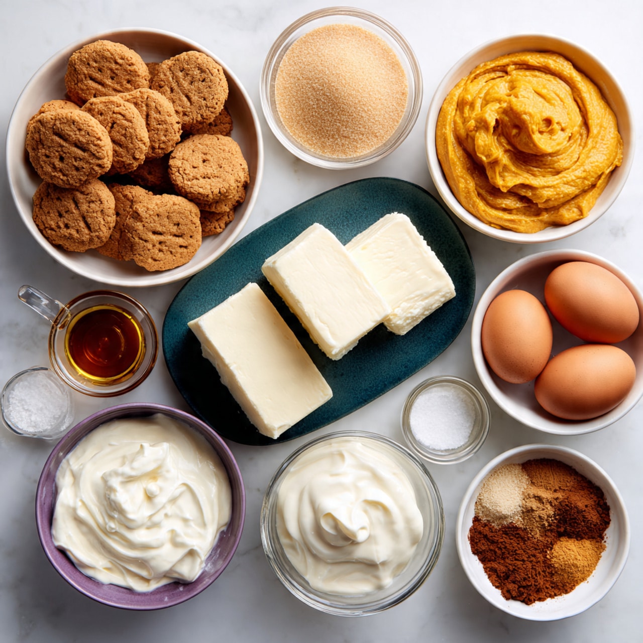 A top-down view of various baking ingredients arranged neatly on a white marbled surface: At the center-left, a white bowl filled with rectangular golden-brown Speculoos cookies; above it, a small dark teal plate holds two large blocks of white cream cheese side by side. To the top left, a clear glass bowl contains light brown sugar, while next to it on the right is a white bowl filled with bright orange pumpkin purée. To the far right, a white bowl holds three brown eggs. Below that bowl, a dark lavender bowl contains white sour cream. In the middle, a clear measuring cup shows melted yellow unsalted butter. Next to it on the left, a small bowl with vanilla extract, dark amber in color, sits beside a clear bowl of white granulated sugar. At the bottom right, a small white dish has two piles of brown cinnamon and pumpkin pie spice powders, each with a finely ground texture. photo taken with an iphone --ar 4:5 --v 7