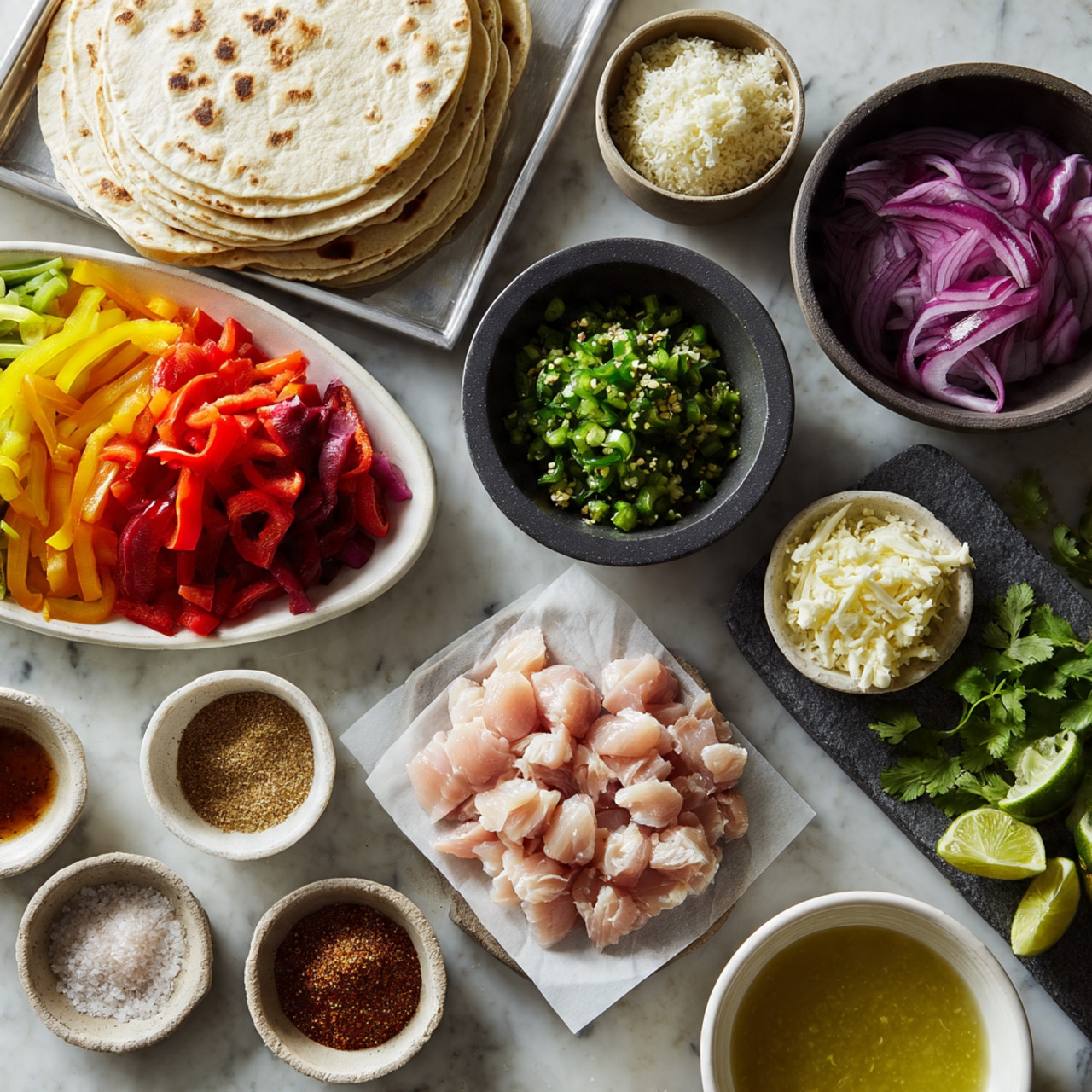 The image shows a white marbled surface with several small white and dark bowls arranged neatly. In the center, there is raw sliced pink chicken on white parchment paper. To the left, there is a white oval plate with layers of red, yellow, and green sliced bell peppers, and a small white bowl with chopped jalapenos. Above these, a dark bowl holds sliced purple onions. To the top left, a silver tray holds folded white tortillas with brown spots. Around these main items are smaller bowls with different ingredients: minced garlic, light brown spices, chili powder, coarse salt, lime wedges on a dark stone plate, chopped green herbs, a white bowl with crumbled white cheese, light yellow sauce in dark and white bowls, and a bunch of green cilantro on the right side. The food items have clear colors and textures, arranged neatly with good lighting. Photo taken with an iphone --ar 4:5 --v 7