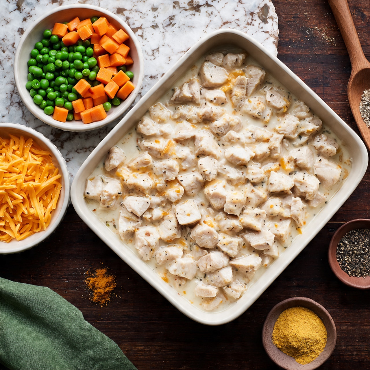 The image shows a white rectangular baking dish filled with chopped cooked chicken pieces, arranged in a single thick layer, sitting in a light liquid at the bottom. Around the baking dish, there are four small white bowls on a dark wooden surface: one bowl with mixed green peas and orange carrot chunks, one bowl filled with shredded orange cheese with a few shreds scattered around it, one bowl with coarse black pepper and a small wooden spoon, and one bowl with a yellow powder, likely seasoning. A green cloth is partially visible at the bottom left corner. The background has a white marbled texture. Photo taken with an iphone --ar 4:5 --v 7