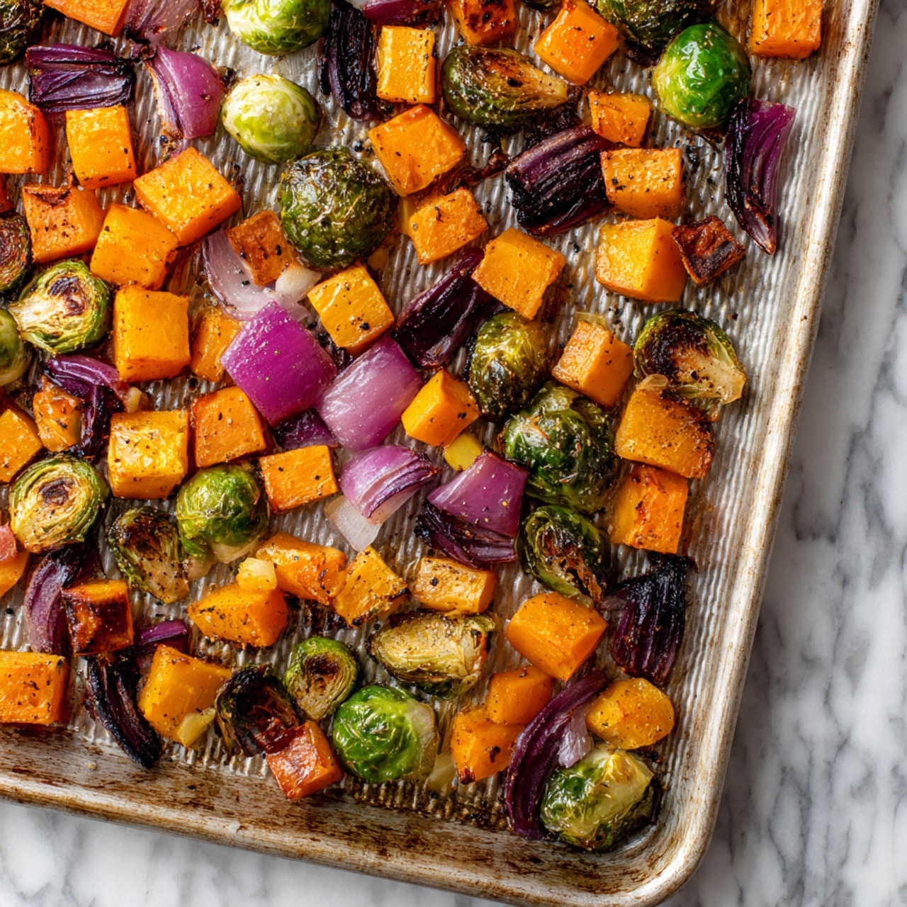 The image shows a baking sheet covered with roasted vegetables, including bright orange cubes of butternut squash, roasted green Brussels sprouts with caramelized dark brown edges, and chunks of purple red onion with slightly charred tips. The vegetables are spread out evenly on a silver textured baking tray with ridges, resting on a white marbled surface. The colors are warm and vibrant with a mix of soft, roasted textures and crispy browned spots. photo taken with an iphone --ar 4:5 --v 7