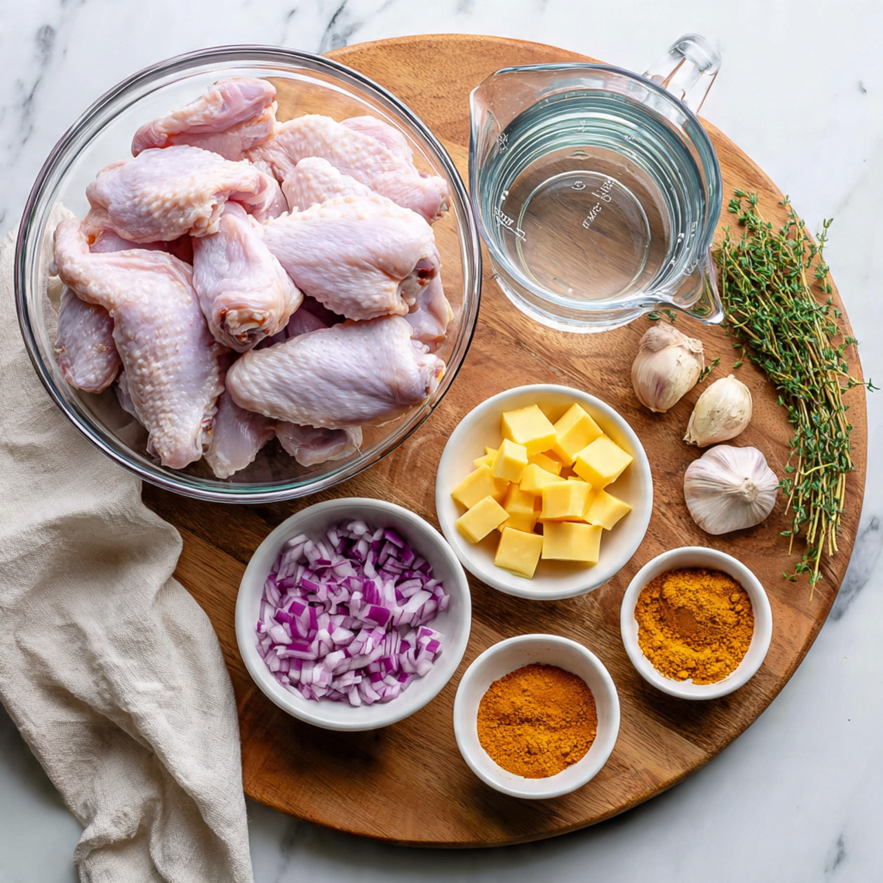 The image shows a round wooden cutting board placed on a white marbled surface. On the board, there is a clear glass bowl filled with raw chicken wings that have pale pink skin. Beside the bowl, there is a glass measuring cup with clear water inside. Four small white bowls are arranged on the cutting board; one bowl contains finely chopped red onions, another has two yellow bouillon cubes, a third has a small pile of orange spice powder, and the fourth is empty. To the right of the spices, there are three cloves of garlic, a small piece of ginger root, and a few sprigs of fresh green thyme. A cream-colored cloth is draped to the left side of the cutting board. Photo taken with an iphone --ar 4:5 --v 7