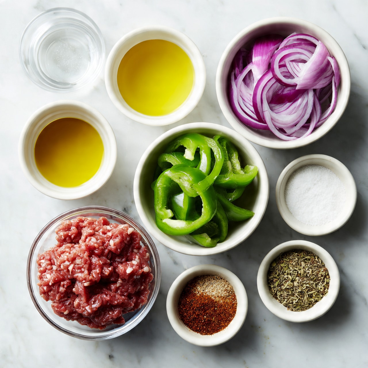 The image shows seven small white bowls and one clear glass bowl on a white marbled surface. The clear glass bowl, placed at the bottom center, holds raw ground beef with a mix of red and pink colors. Above it, a white bowl contains sliced green bell peppers and purple-red sliced red onions. Around this central setup, six small white bowls are placed: one with yellow olive oil at the top center, one with clear water to the right, one with white salt below the water, one with brown dried oregano to the bottom right, one with red-brown taco seasoning mix at the bottom left, and one with black pepper on the left side. Each bowl has a label identifying its contents, visually organized in a neat, clean layout. Photo taken with an iphone --ar 4:5 --v 7