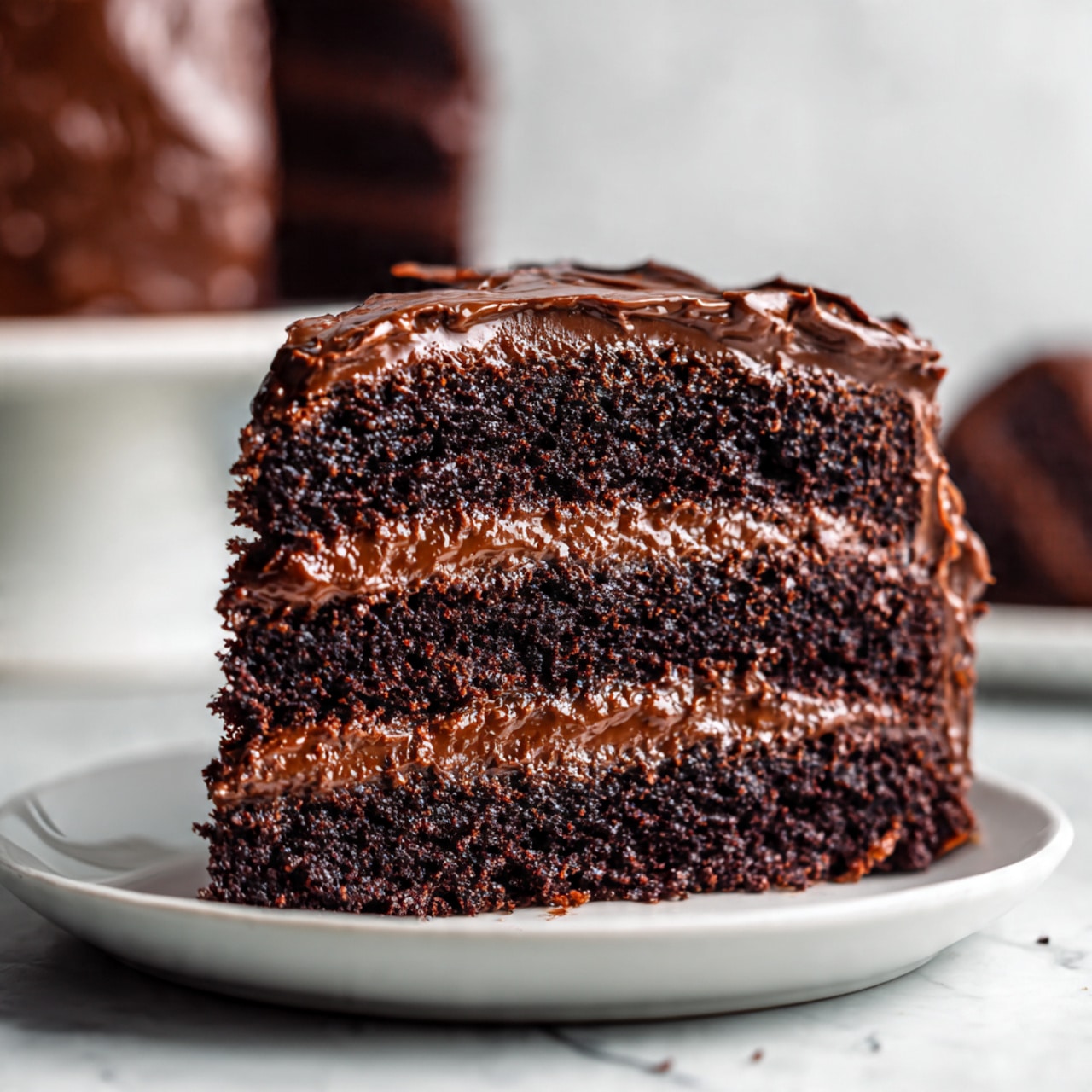 A single slice of dark chocolate cake sits on a white plate, showing three thick layers of moist, rich chocolate sponge separated by smooth, shiny dark chocolate frosting. The outside of the slice is fully covered with thick, textured chocolate frosting that looks soft and creamy. The cake sits on a surface with a white marbled texture, and a blurred white cake stand holding the rest of the cake is visible in the background. The lighting highlights the moist texture and deep color of the cake. photo taken with an iphone --ar 4:5 --v 7