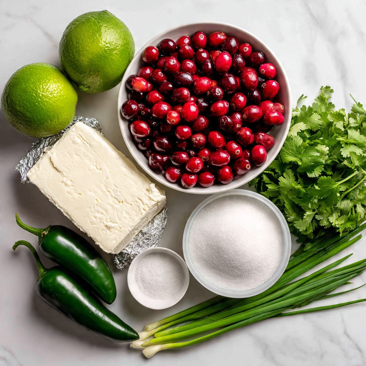 The image shows fresh ingredients laid out on a white marbled surface with clear labels above each item. There is a small white bowl filled with bright red fresh cranberries near the top center. To the left of the cranberries, a whole green lime is placed. Below the lime is a block of smooth cream cheese, partially wrapped in silver foil. In the middle, a small white bowl contains white salt, and under that, a larger white bowl is filled with white sugar. On the right side, a bunch of fresh green cilantro leaves rests next to two shiny dark green jalapenos. At the bottom right, a few long green chives lay flat. The colors are vibrant and the items are neatly arranged with space between them, all on the white marbled background. Photo taken with an iphone --ar 4:5 --v 7