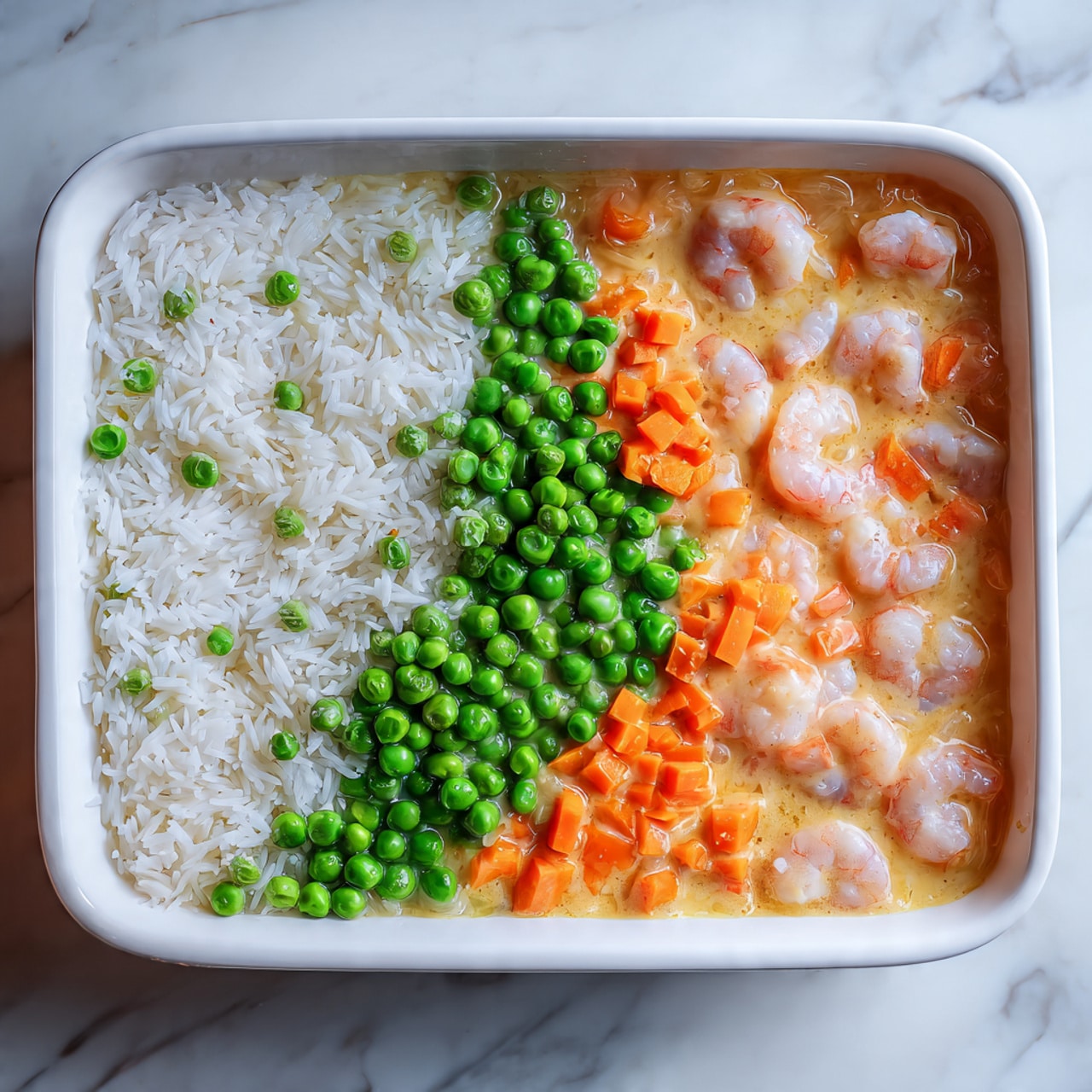 In a white rectangular dish, there are several layers of ingredients clearly visible from the top. On the left side, a layer of white uncooked rice takes up about one-third of the dish with some green peas and orange carrot cubes scattered on it. On the right side, a light orange creamy sauce covers pieces of pinkish seafood, possibly shrimp or lobster, partly submerged in a clear liquid that fills the bottom of the dish. Overlapping the creamy sauce and seafood layer, there is a generous pile of bright green peas and small orange carrot cubes at the center, forming a colorful contrast with the other layers. The dish is set on a white marbled surface. photo taken with an iphone --ar 4:5 --v 7