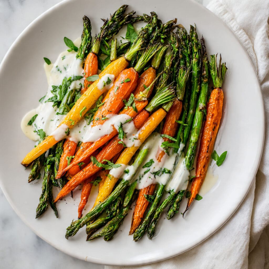 Roasted Asparagus and Carrots with Hummus Lemon Drizzle Recipe