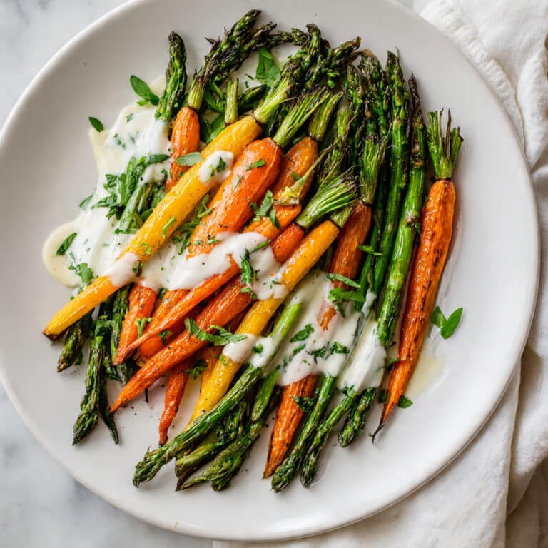 Roasted Asparagus and Carrots with Hummus Lemon Drizzle Recipe