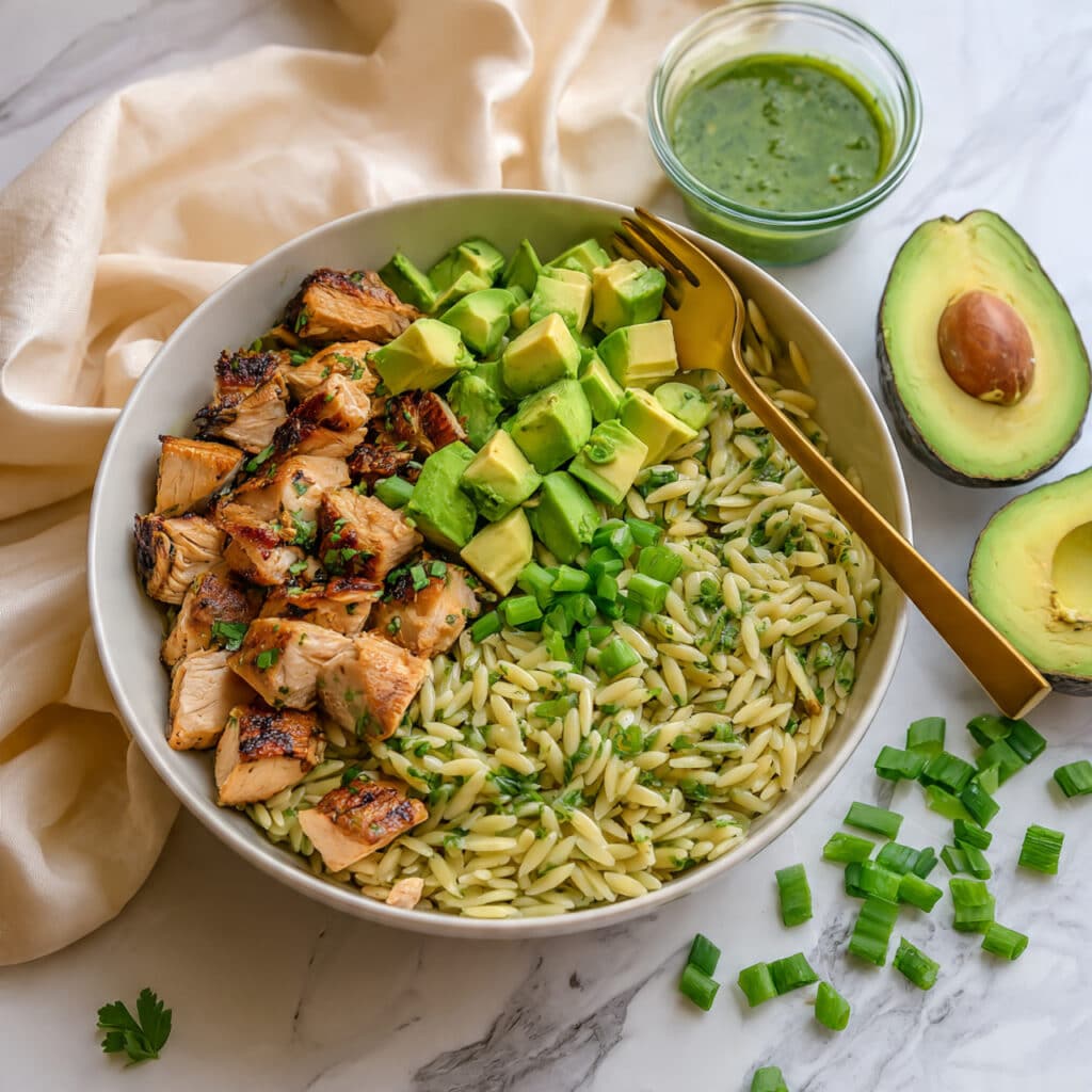 Grilled Chicken and Avocado Orzo Salad with Cilantro Lime Vinaigrette Recipe