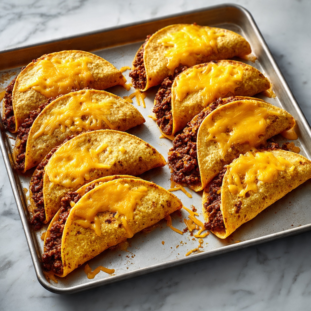 The image shows a metal baking tray with six folded tacos arranged in two rows, each taco folded in half. Each taco has a golden-brown crispy tortilla shell as the bottom layer, a middle layer of cooked ground meat mixed with spices seen slightly spilling out, and a top layer of bright orange melted cheese that covers most of the surface. The baking tray is placed on a white marbled surface, and some melted cheese and meat bits are scattered around the tray. Photo taken with an iphone --ar 4:5 --v 7