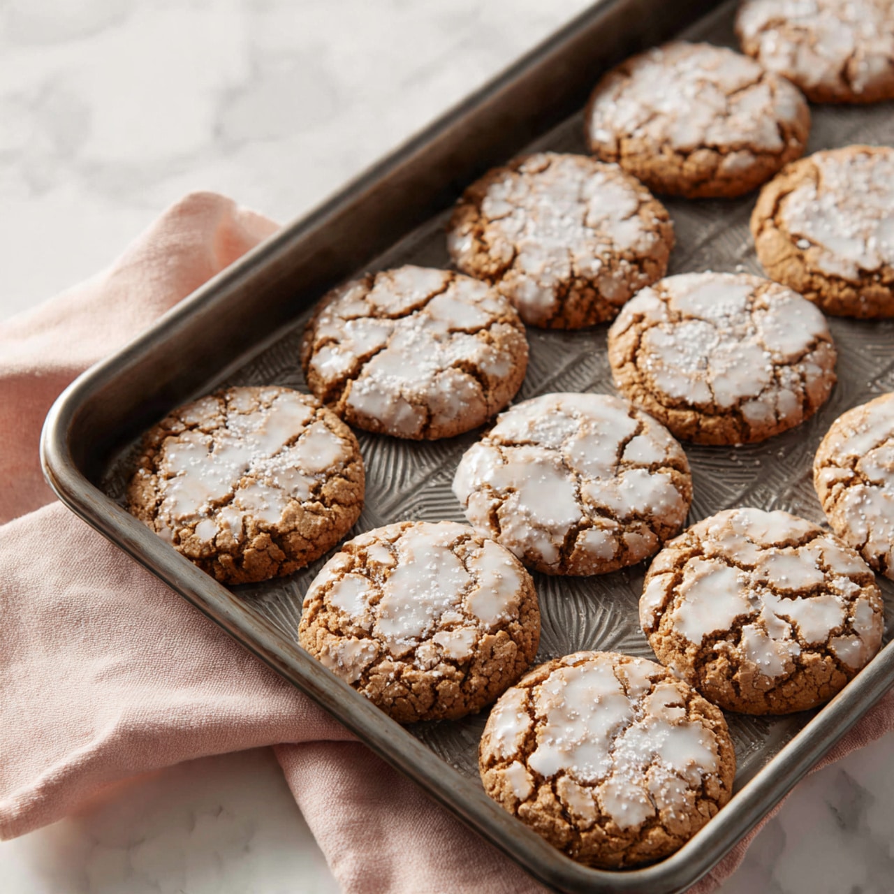 A dark metal baking tray holds two rows of round cookies, each cookie cracked and topped with uneven patches of white sugar glaze that contrast with the warm golden brown cookie base. The cookies have a rough, slightly crinkled texture with some powdered sugar dusted on top. The tray rests on a soft pale pink cloth, and the whole scene is set against a white marbled surface. photo taken with an iphone --ar 4:5 --v 7
