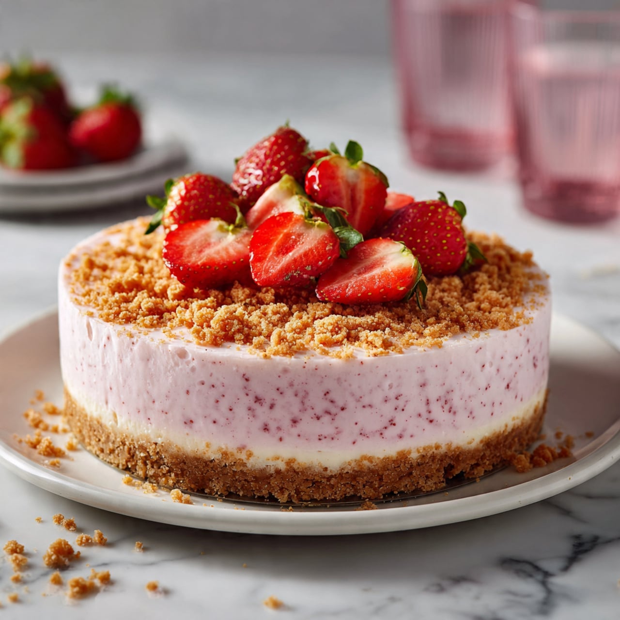 A round dessert with three visible layers sits on a white plate on a white marbled surface. The bottom layer is a firm, light brown crumb crust. The middle layer is a thick, smooth pink cream with small specks, spread evenly above the crust. On top of the cream is a crumbly layer of small reddish-brown pieces. The dessert is topped with a pile of whole and halved bright red strawberries with green leaves, placed in the center. Around the plate are scattered small crumbs and strawberry pieces, with blurred strawberries and pink glasses in the background. Photo taken with an iphone --ar 4:5 --v 7