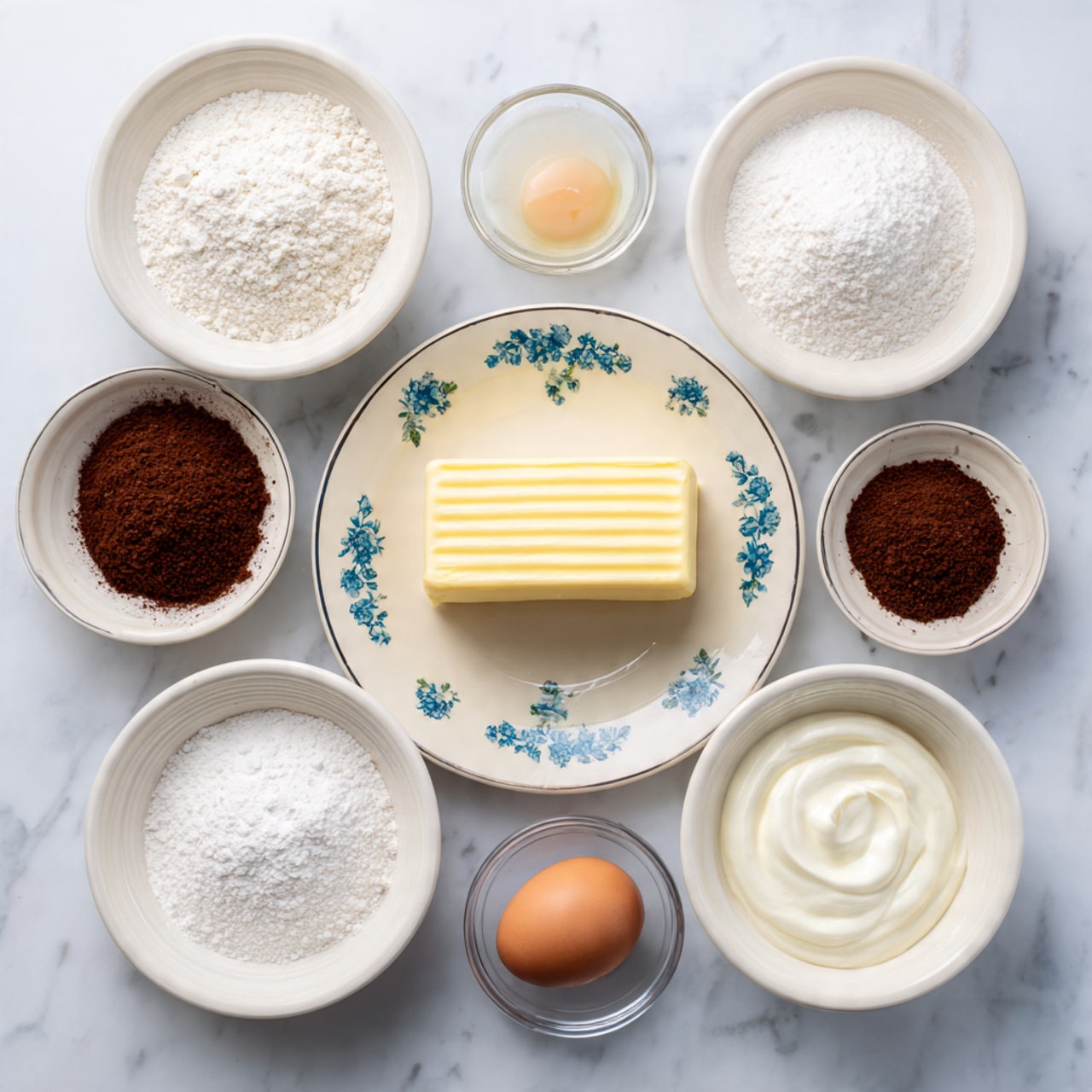 The image shows eight ingredients neatly arranged on a white marbled surface. At the center is a pale yellow stick of butter on a cream-colored plate with a small blue floral pattern around the rim. Surrounding it in white bowls are white flour with a slight indentation, light brown crumbly sugar, dark brown cinnamon powder, and fine white salt. Next to these bowls, there is a single brown egg, a transparent bowl holding an unbroken raw egg yolk surrounded by clear egg white, and a bowl with smooth, creamy white yogurt or sour cream. The setup looks clean and organized, ready for baking. Photo taken with an iphone --ar 4:5 --v 7