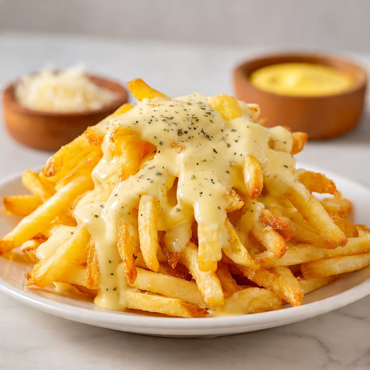A white plate filled with a large pile of thin, golden crispy fries as the bottom layer, topped with a creamy, light beige cheese sauce that is poured unevenly over the fries. The cheese sauce has a smooth, slightly thick texture and some fries peek through with their crispy edges visible. The plate is set on a white marbled surface. Small wooden bowls with extra cheese and sauce are partly visible near the plate. Photo taken with an iphone --ar 4:5 --v 7