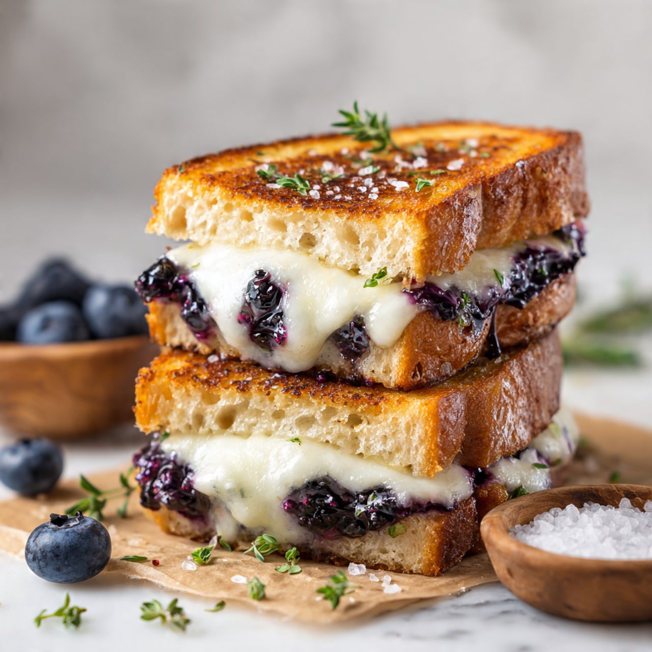 Two halves of a toasted sandwich are placed on brown paper over a white marbled surface. The sandwich has two layers of golden-brown crispy bread with visible air holes, toasted to a light shine. Inside the sandwich, white melted cheese appears soft and stretchy, mixed with a layer of dark purple blueberry filling. Small green sprigs of fresh herbs are scattered on top of the sandwich and around it. Several fresh blueberries are placed near the sandwich, and a small wooden bowl filled with coarse salt sits on the right side of the image. The scene is lit with natural light showing soft shadows photo taken with an iphone --ar 4:5 --v 7
