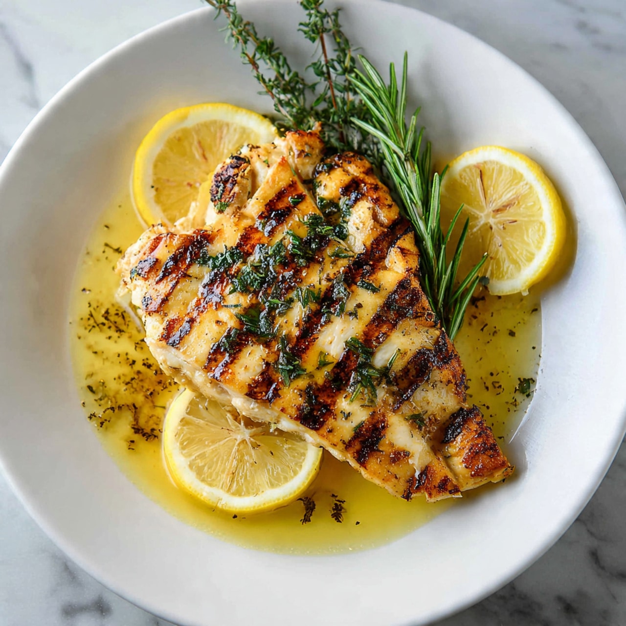 The image shows a white plate with one large golden-brown grilled chicken piece at the center, seared with dark grill marks and sprinkled with green herbs and black pepper. Surrounding the chicken are bright green sprigs of rosemary and thyme, adding a fresh touch. There are thin slices of yellow lemon placed around the chicken, along with a pool of light golden olive oil at the bottom, glistening and mixing with herbs. The plate sits on a white marbled surface, giving a clean and elegant look. photo taken with an iphone --ar 4:5 --v 7