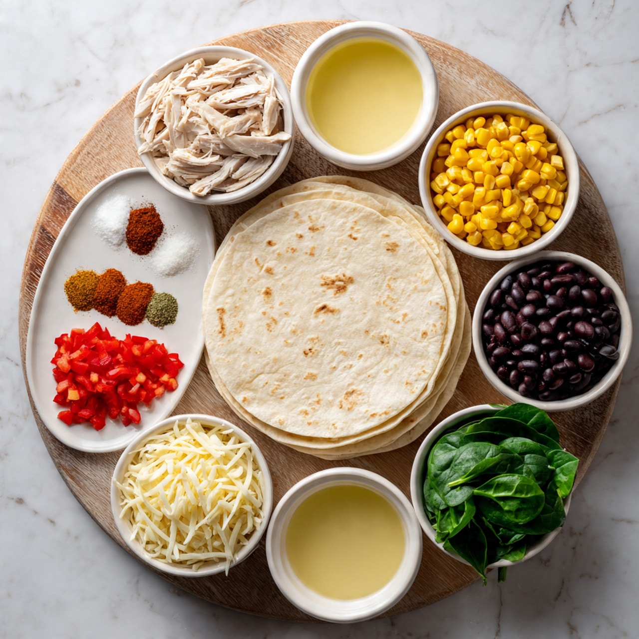 The image shows a stack of plain soft tortillas placed on a round wooden board at the bottom center. Above the tortillas, there are seven small white bowls arranged in a semi-circle on a white marbled background. From left to right, the bowls contain shredded cooked chicken, shredded white cheese, fresh green spinach leaves, yellow corn kernels, diced red bell pepper, and black beans. To the left side, there is a small white plate with six different spices and seasonings in small piles, with colors ranging from red, brown, light yellow, to white. In the middle of the image above the wooden board, there is a small white bowl with a light yellow liquid. The whole setup is neat and colorful, showing all ingredients clearly. Photo taken with an iphone --ar 4:5 --v 7