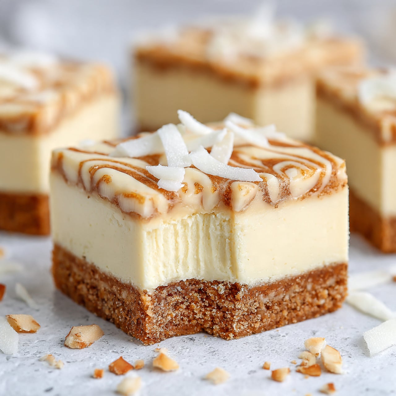 The image shows several small square pieces of a dessert arranged in rows on a white marbled surface. Each piece has two layers: the bottom layer is a thin, crunchy, brown crust, and the top layer is thick, creamy, and off-white in color with a smooth but slightly textured surface. On top of each square, there are a few thin white coconut shavings with dark brown edges scattered loosely. The dessert pieces look neat and evenly sized. Photo taken with an iphone --ar 4:5 --v 7