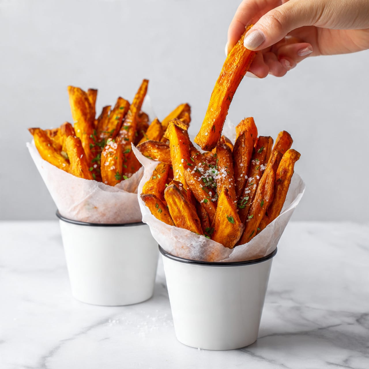 The image shows two white enamel cups filled with golden-orange sweet potato fries standing upright on white paper inside the cups. The fries are seasoned with small green herbs and coarse salt, creating a contrast of green and white specks over the warm orange color. A woman's hand is reaching from the upper left side, holding one fry above the cup in the front. The cups sit on a white marbled surface, bright and clean, highlighting the vivid color of the fries. Photo taken with an iphone --ar 4:5 --v 7