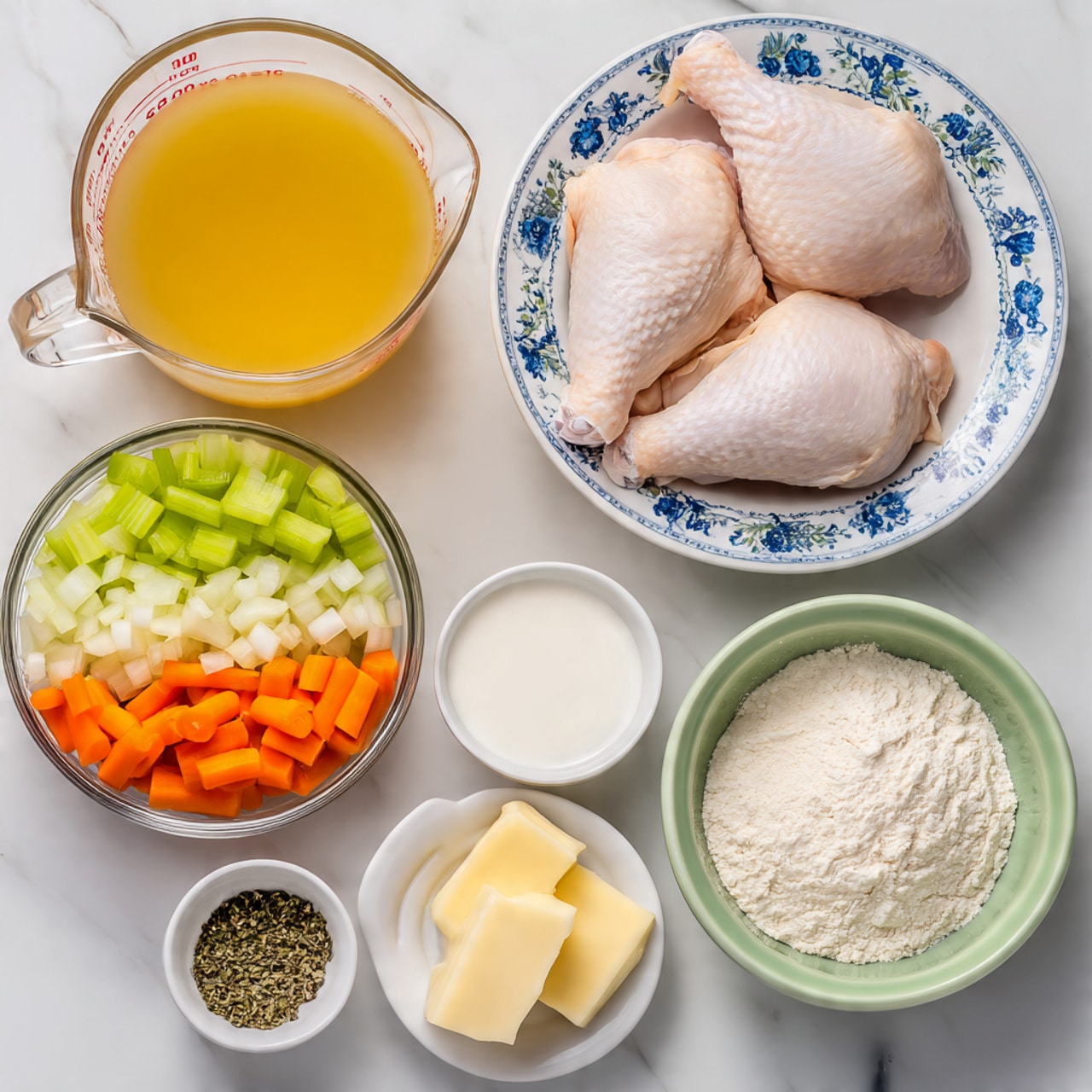 A clear measuring cup at the top left holds a golden-yellow broth. Below it, a clear bowl is filled with three layers of chopped vegetables: bright orange carrots on the bottom, light green celery slices in the middle, and white diced onions on top. To the right, a white bowl with blue floral patterns holds two large pieces of raw chicken with a pale pink color. Nearby are small white bowls holding white flour, creamy white milk, and a beige cube of butter on a small light green dish. Below these ingredients are small white dishes containing minced yellow garlic and a mix of black pepper, salt, and green herbs. All items are placed on a white marbled surface. Photo taken with an iphone --ar 4:5 --v 7
