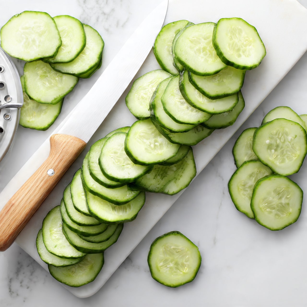 The image shows a long cucumber sliced into many thin, round pieces arranged in a straight line along a white cutting board on a white marbled surface. A large kitchen knife with a light wooden handle rests on the cutting board, partially over the sliced cucumber pieces. More sliced cucumber pieces scatter around the top part of the board near a white mandoline slicer visible on the left side. The cucumber slices reveal a fresh, green outer skin and a pale green, watery inside with seed patterns clearly seen. The whole scene is clean and bright. Photo taken with an iphone --ar 4:5 --v 7