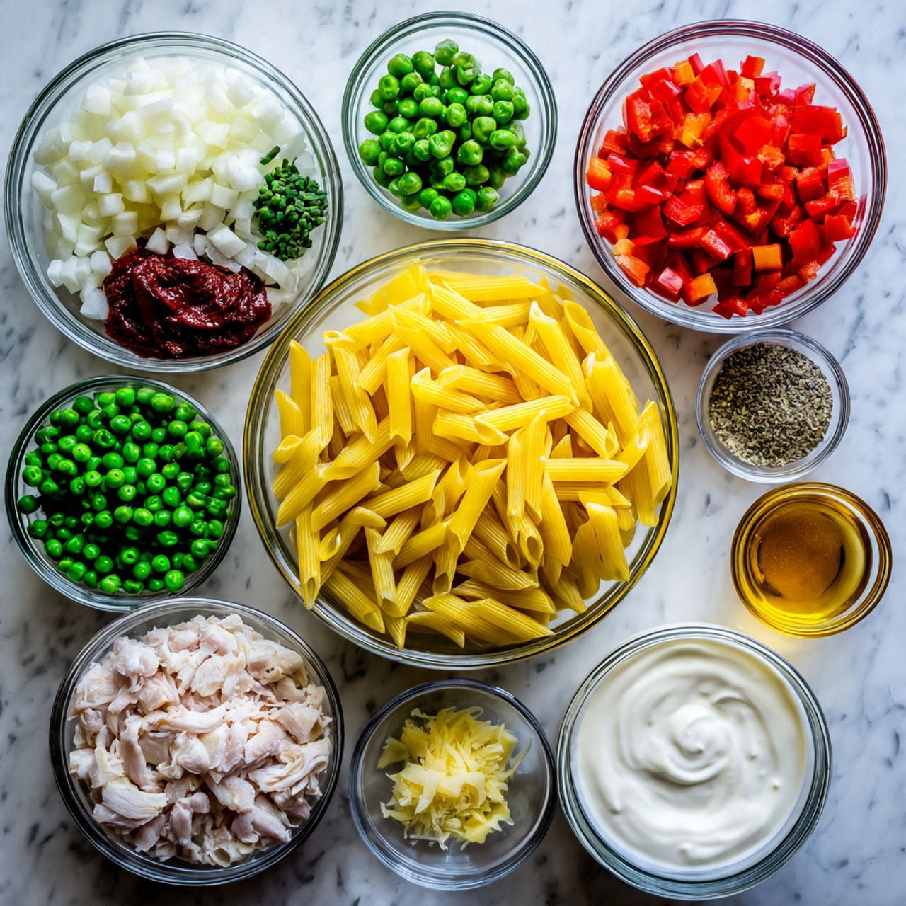 The image shows several clear glass bowls with different ingredients, arranged on a white marbled surface. In the center, there is a large bowl filled with yellow penne pasta. Surrounding this are smaller bowls: diced white onions, bright green peas, chopped green asparagus, chopped red bell pepper, small pieces of light-colored chicken, shredded pale yellow parmesan cheese, a dark red chipotle peppers and sauce, and a small bowl of golden honey. Additionally, there are very small bowls of minced light brown garlic, light yellow olive oil, and a mixture of salt and pepper. A medium bowl of heavy cream with a smooth white surface is also present. photo taken with an iphone --ar 4:5 --v 7