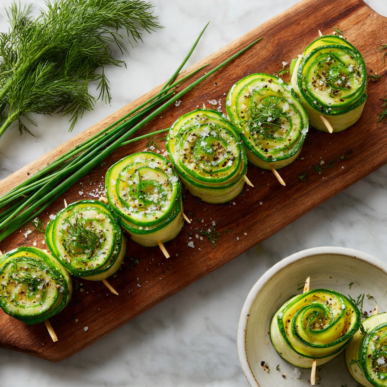 The image shows a wooden cutting board on a white marbled surface with seven rolled zucchini slices secured with toothpicks, arranged in a single row. Each zucchini roll is green with light green edges, sprinkled with black pepper and salt. On top of the rolls, there is a small bunch of dill. Below the rolls, a small bunch of long green chives lies horizontally. Part of a white bowl with a smaller rolled zucchini secured with a toothpick inside is visible on the right edge. Photo taken with an iphone --ar 4:5 --v 7