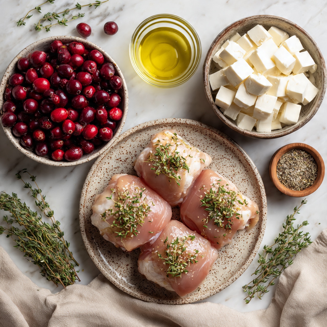 The image shows four raw chicken pieces placed on a round speckled plate, each topped with small green thyme sprigs. To the left, there is a similar round speckled bowl filled with fresh, bright red cranberries, some whole and some slightly crushed. Above that is another bowl of the same style, filled with white cubed cheese, likely feta. Above the chicken and cheese bowls are three small containers: a clear glass bowl with golden olive oil, a small white bowl with a mix of salt and pepper, and a small brown wooden bowl with a pile of dried herbs. The ingredients are placed neatly on a white marbled surface with loose thyme sprigs spread around and a light beige linen cloth partially under the cranberry bowl. Photo taken with an iphone --ar 4:5 --v 7