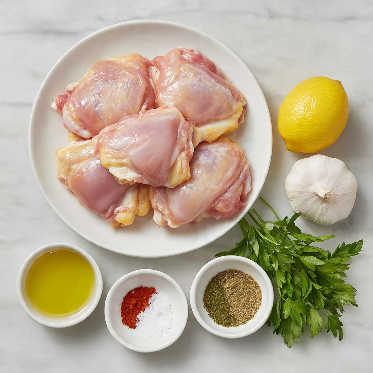 The image shows five pieces of raw chicken thighs with light pink and yellow skin stacked closely on a white plate in the upper left. To the right of the plate, there is a bright yellow half lemon and a whole garlic bulb with white papery skin and brown root end. Below the chicken plate, three small white bowls hold different ingredients: one with bright red powder, one with golden yellow oil, and one with greenish-brown spice. Next to these bowls, there is a small bowl with coarse white salt. Fresh green parsley lies in the bottom right corner on a white marbled surface that fills the background. Photo taken with an iphone --ar 4:5 --v 7