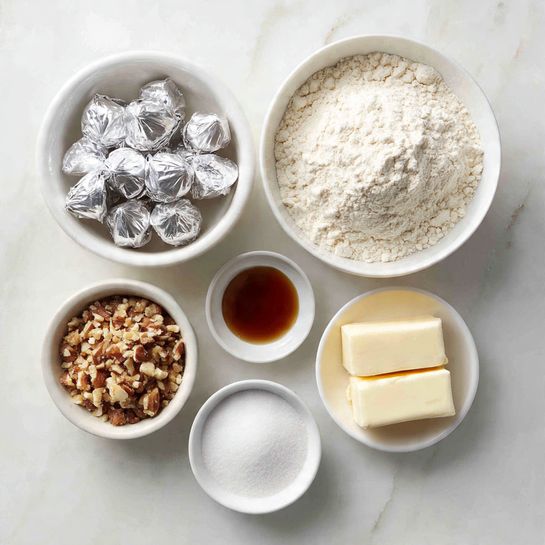 A top-down view shows six white bowls on a white marbled surface, each bowl filled with different baking ingredients. The largest bowl on the top right holds a mound of white flour with a slightly lumpy texture. To the left, a bowl is filled with silver-wrapped chocolate kisses. Below the kisses, a small bowl contains finely crushed nuts that are light brown and crumbly. Next to the nut bowl, a small dish has a dark amber liquid, likely vanilla extract. To the right of the nuts and vanilla, another bowl contains two sticks of pale yellow butter, smooth in texture, stacked side by side. Finally, two small white bowls at the bottom contain granulated white sugar and white powdered sugar, with the powdered sugar looking soft and fluffy. The whole setup is clean and minimalistic, photo taken with an iphone --ar 4:5 --v 7