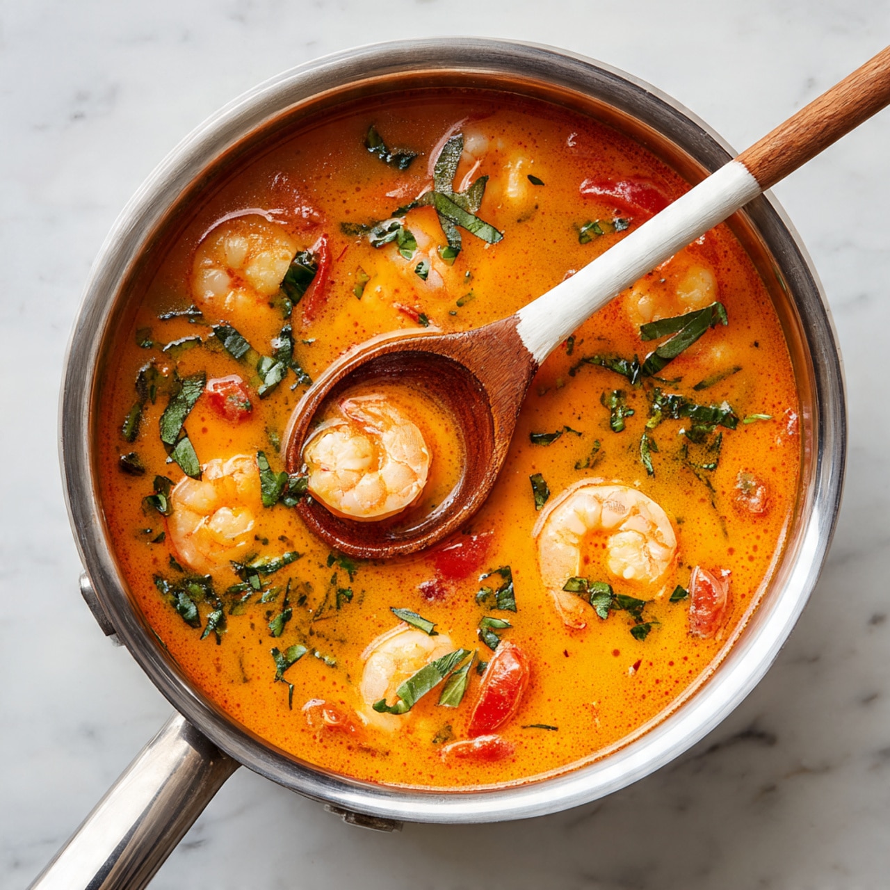 A shiny silver pot filled with bright orange soup that has a smooth but slightly thick texture. Inside the soup, there are several pinkish-white shrimp pieces, some with a slight curl, and small bits of red tomato. Scattered on the surface are fresh green herb leaves, adding a touch of color contrast. A wooden spoon with a white handle is partly dipped in the soup, with its tip touching one of the shrimp. The pot sits on a white marbled surface, creating a clean and bright setting. photo taken with an iphone --ar 4:5 --v 7
