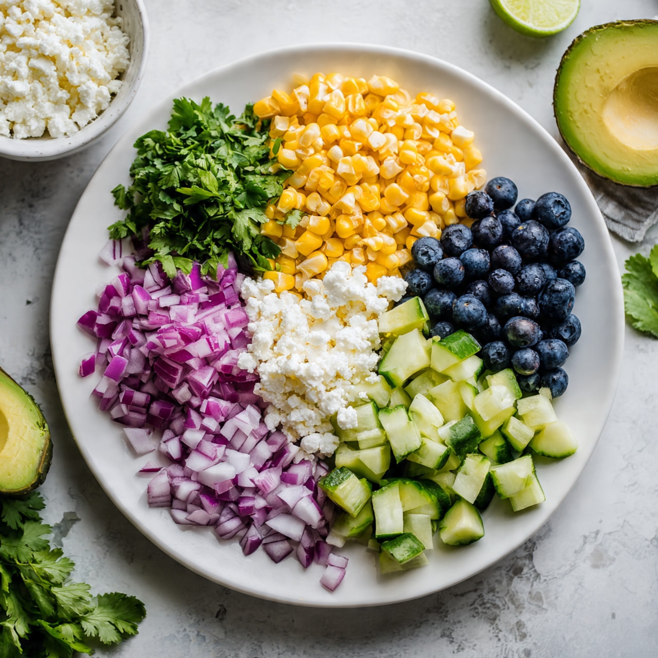 A white oval plate holds a colorful mix of fresh ingredients arranged in separate sections. At the top center, there is a pile of bright yellow and white corn kernels. To the left of the corn, there is a bunch of fresh green cilantro. Below the cilantro and corn, chopped red onion forms a small pile with purple and white pieces. To the right of the onion, diced cucumber with green skin and pale inside fills another section. On the right side of the plate, there is a large cluster of dark blue blueberries. In the background, there is a small white bowl filled with white crumbly cheese on the left, and halved avocado with green flesh placed near the bottom edge. The surface is a white marbled texture with some green leaves and a halved lime adding extra color around the plate. Photo taken with an iphone --ar 4:5 --v 7