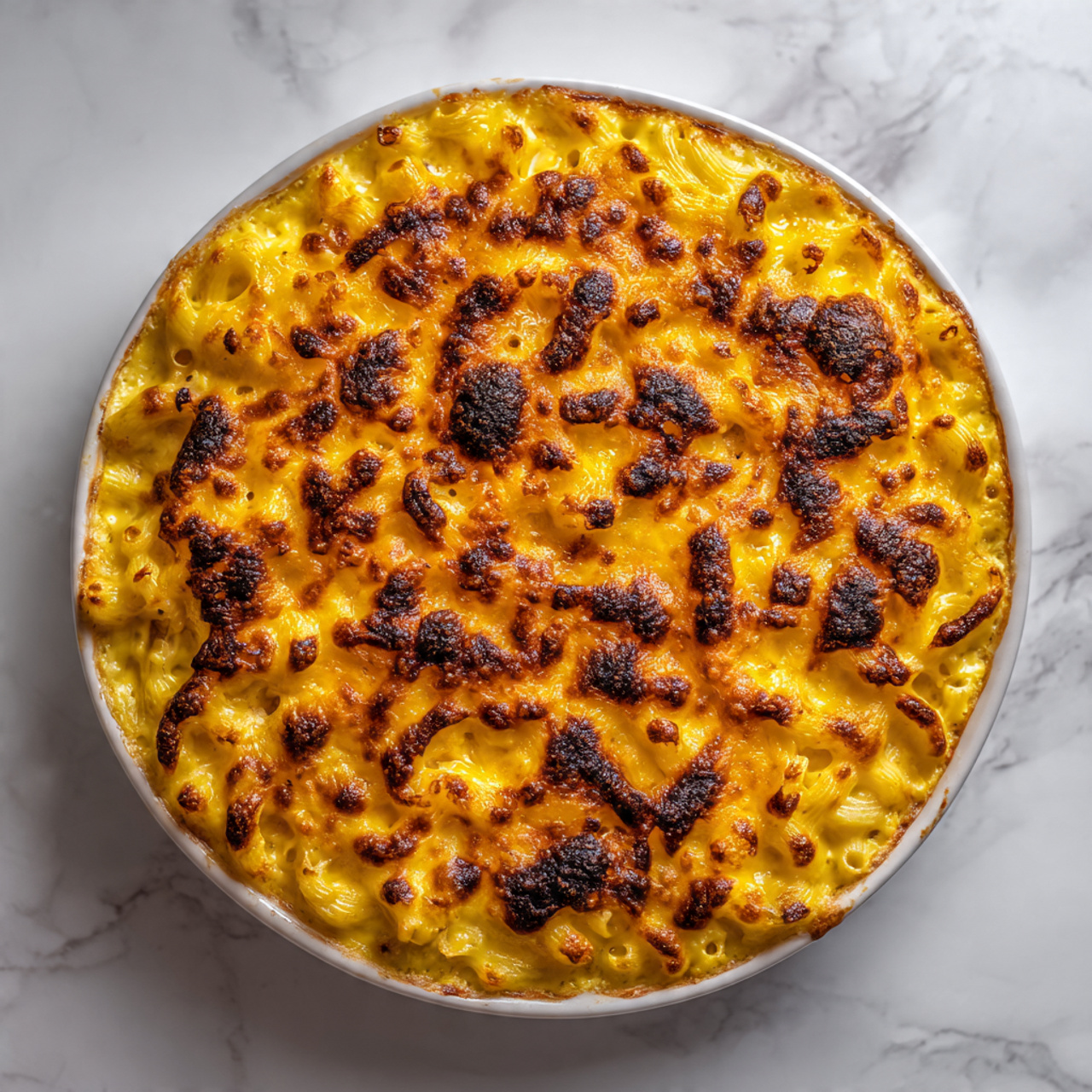 French Onion Soup Pasta Recipe 5 The image shows a round white ceramic dish filled with baked macaroni and cheese. The dish is full to the edges with a thick layer of pasta covered by a golden-brown, bubbly cheese crust that has darker caramelized spots. The top layer has a crispy texture with cheese melting over some pasta edges. The pasta underneath looks soft and creamy with a rich yellow color. The dish sits on a white marbled surface. photo taken with an iphone --ar 4:5 --v 7