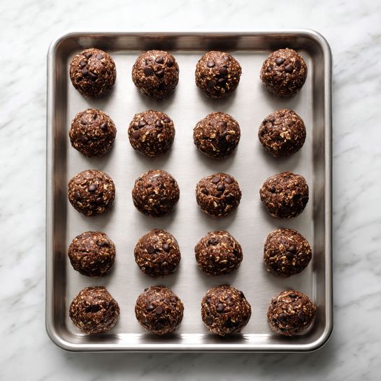 The image shows a shiny metal baking tray placed on a white marbled surface, filled with 20 evenly spaced round cookie dough balls arranged in a neat 4 by 5 grid. Each dough ball is dark brown in color with a rough texture, studded with visible chocolate chips scattered on the top and embedded inside. The dough balls appear firm and uniform in size, with some small oats or nut pieces mixed into the dough, giving a slightly textured look. The photo is taken from above, showing the full tray and dough balls clearly. photo taken with an iphone --ar 4:5 --v 7