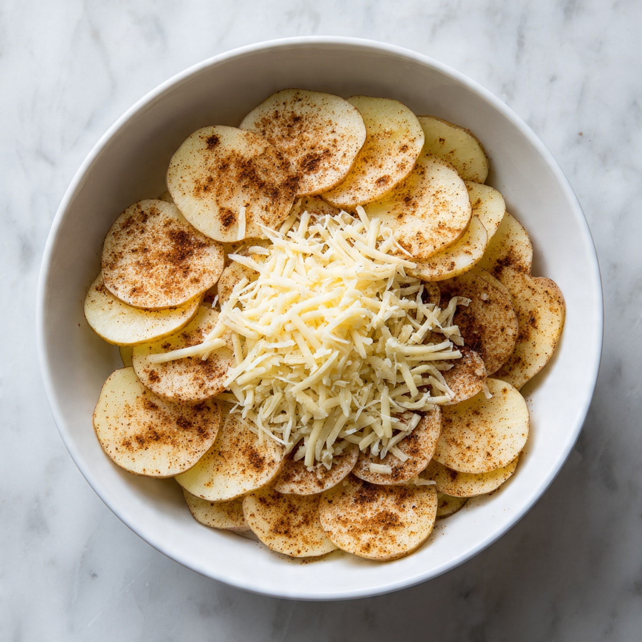 Inside a white bowl, thin round slices of raw potatoes are arranged in a single bottom layer with soft yellow tones and slight brown edges. Over this base, a light brown spice powder is sprinkled evenly. On top of the spices, a generous layer of pale yellow grated cheese covers the potatoes in the center, leaving edges visible. The bowl rests on a white marbled surface, and the image is bright, showing all details clearly. photo taken with an iphone --ar 4:5 --v 7