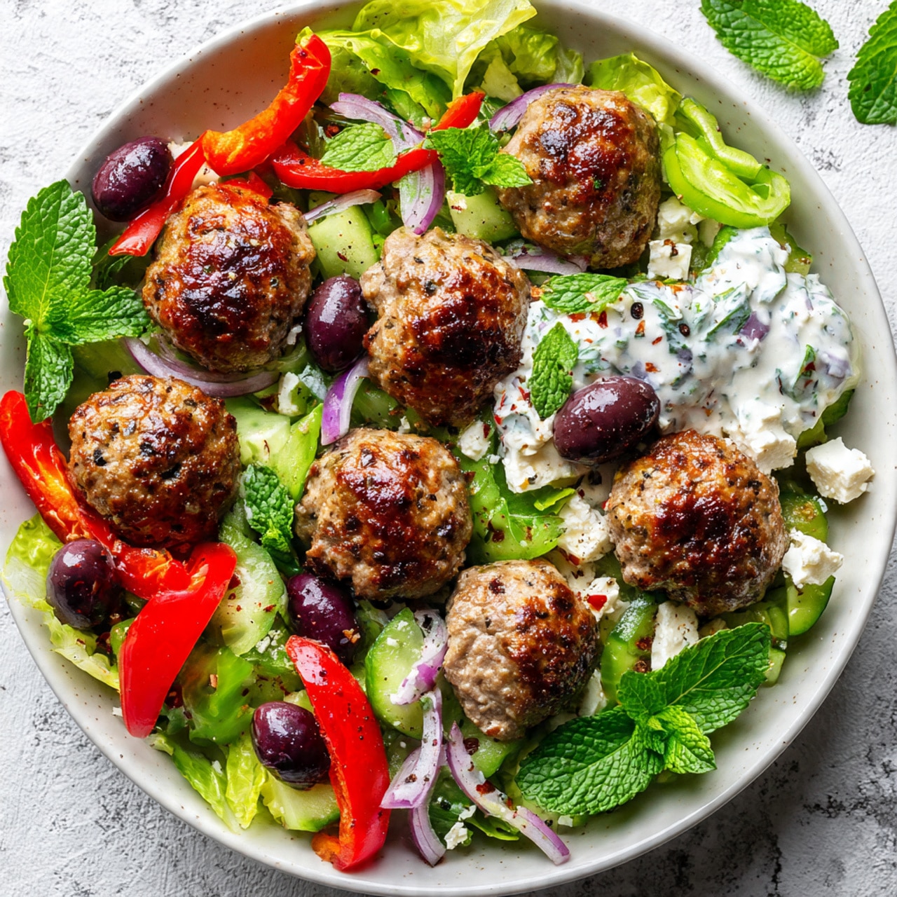 A black round plate holds about twenty small golden-brown meatballs with a slightly shiny surface, arranged closely together in a single layer covering most of the plate. The meatballs have a browned, textured look with small bits of herbs inside. Scattered fresh green sprigs of dill and mint leaves decorate the plate, adding a touch of color. A shiny silver spoon rests on the right side of the plate, partially under a few meatballs. Surrounding the plate are small bowls: one with a white creamy sauce mixed with green herbs on the top left, one with shiny dark olives on the middle left, and one with bright red cherry tomatoes cut in half on the bottom right. The background is a white marbled surface. Photo taken with an iphone --ar 4:5 --v 7