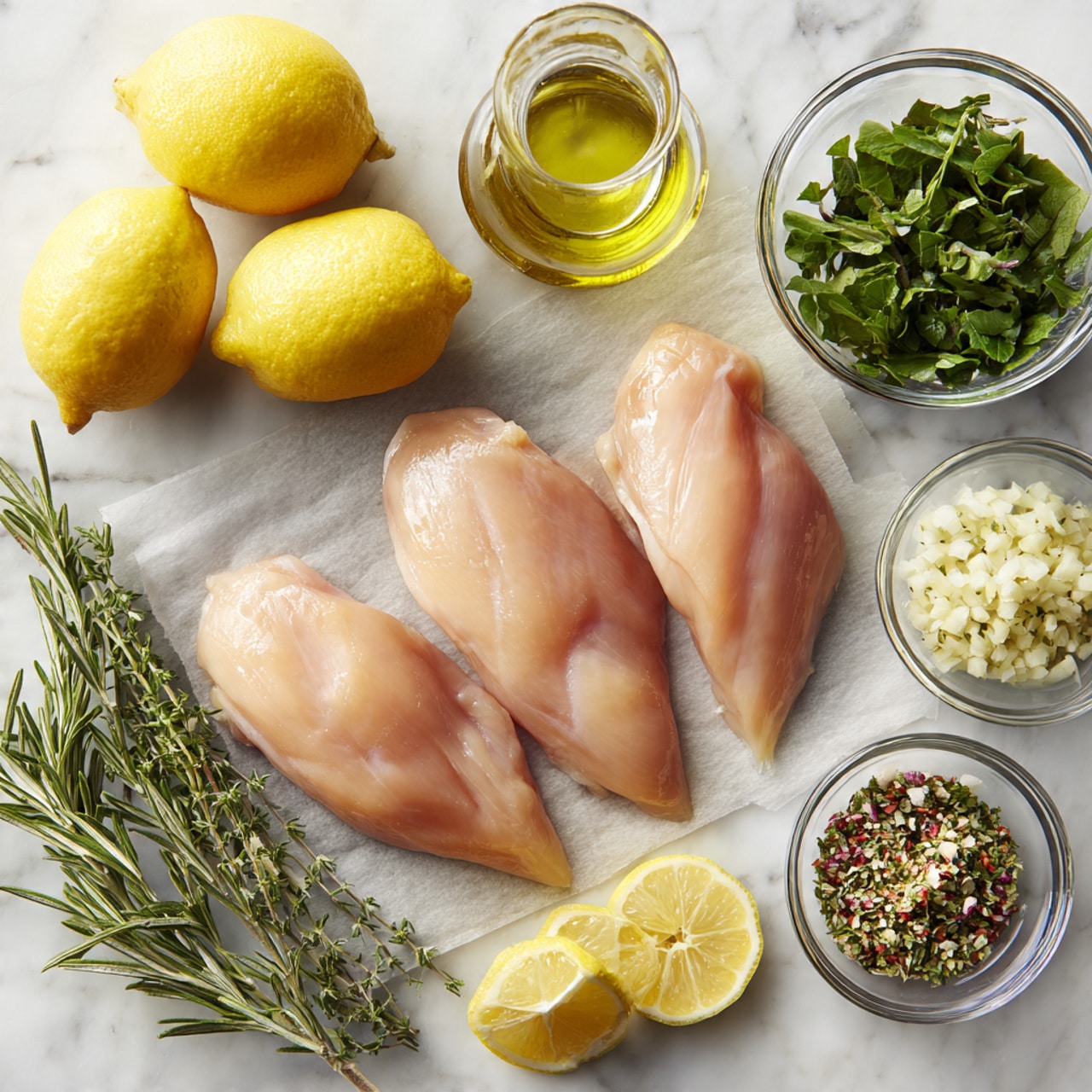 The image shows three raw chicken fillets placed on light gray parchment paper in the center, each with a smooth, pale pink surface and slight shine. Above the fillets, two whole bright yellow lemons, one cut in half showing its juicy light yellow inside, rest next to a small clear glass jar of olive oil. Around the chicken, there are four small transparent glass bowls, one with finely chopped white garlic on the top right, one with fresh green herb sprigs just below it, another bowl filled with fresh dark green leaves near the bottom right, and a final bowl containing a mixed dried herb seasoning with bits of pale green, white, and reddish brown. To the right side near the bowls, there are some fresh bright green rosemary sprigs with thin needle-like leaves. Below the chicken, two lemon halves show their bright yellow inside. Everything rests on a white marbled surface photo taken with an iphone --ar 4:5 --v 7