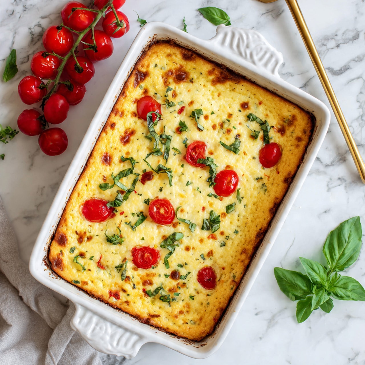 The image shows a baked dish in a white rectangular ceramic pan with slightly browned edges. The top layer is golden yellow and creamy, with visible small spots of melted cheese and herbs. Scattered on the surface are fresh green basil leaves and halved red cherry tomatoes, adding color contrast. The edges of the dish show slight browning from baking. The pan is placed on a white marbled surface with a few fresh basil leaves and a gold spatula with a woman's hand holding it just visible on the side. A bunch of red cherry tomatoes is placed in the upper left corner on the marbled surface. Photo taken with an iphone --ar 4:5 --v 7