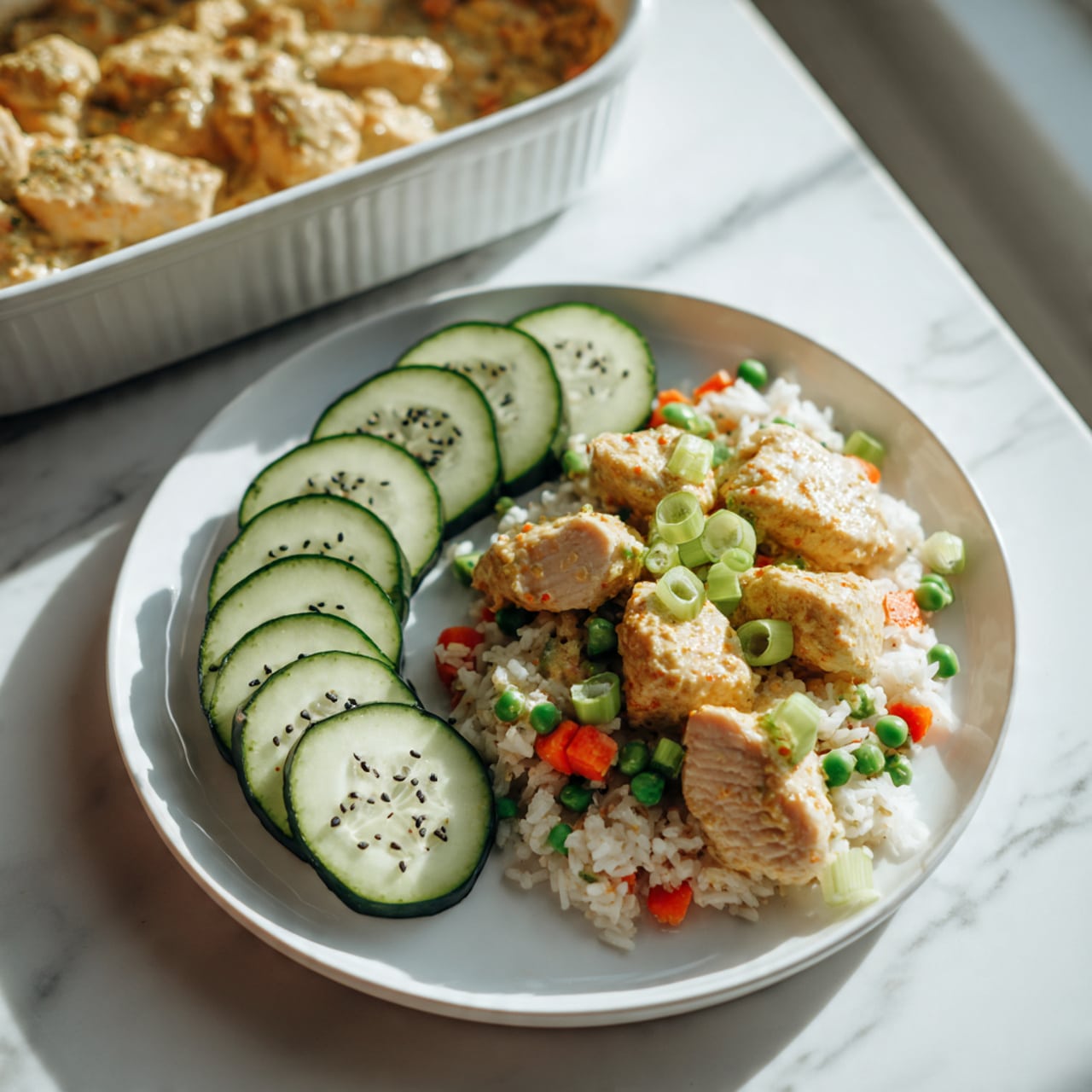 On a white plate, there are two main layers: on the left side, a layer of sliced cucumber rounds with light and dark green colors, sprinkled with black seeds; on the right side, a mix of white rice, green peas, small diced orange carrots, and chunks of light brown chicken coated in a creamy, light-colored sauce, topped with small green onion slices. In the background, a white casserole dish holds a similar creamy chicken and vegetable mixture. The setting is on a white marbled surface, and soft natural light brightens the image. Photo taken with an iphone --ar 4:5 --v 7