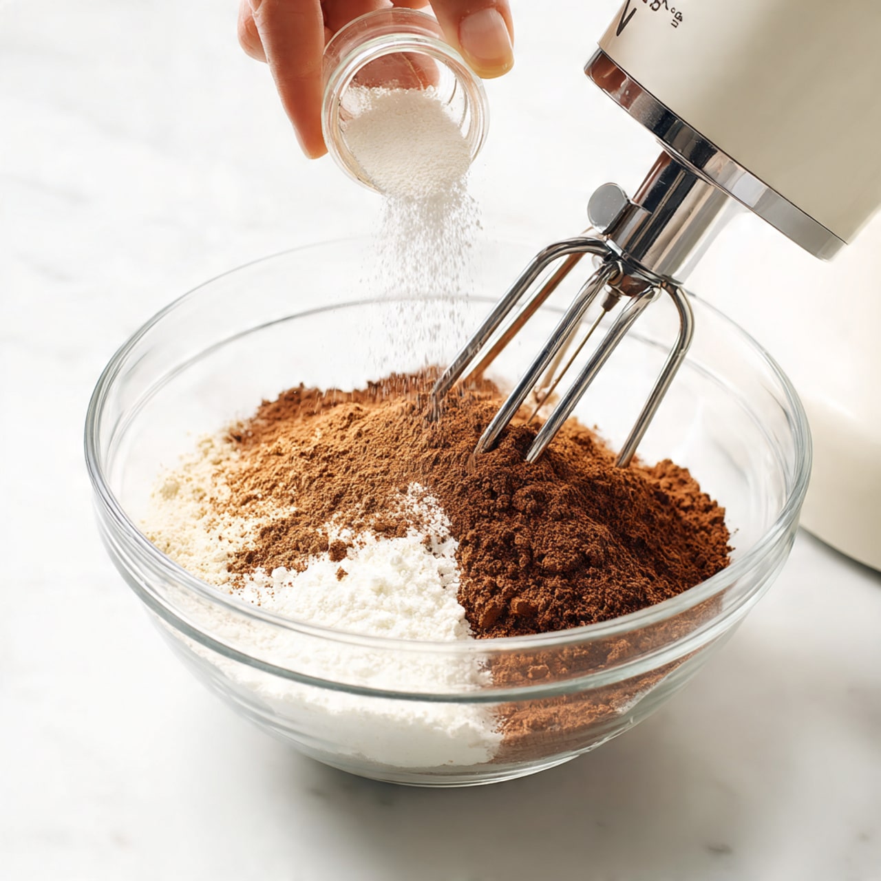 A clear glass mixing bowl sits on a white marbled surface, filled with dry ingredients in layers. At the bottom is a layer of white powder, topped unevenly with a large pile of rich brown cocoa powder on the right side, and a smaller patch of white powder slightly to the left. A white electric mixer with shiny metal beaters partially dips into the powders on the right side. Above the bowl, a woman's hand is gently pouring a small amount of white powder from a small glass container into the bowl. The scene is bright and clean. photo taken with an iphone --ar 4:5 --v 7