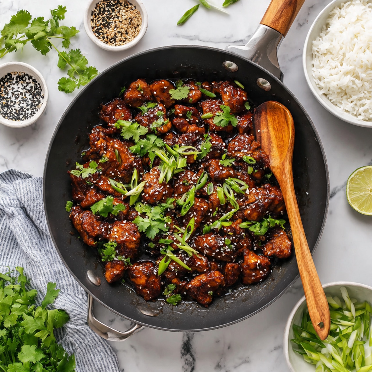 A black pan filled with cooked slices of brown chicken with a slightly glossy texture, garnished with chopped green onions and fresh cilantro leaves scattered on top. White and black sesame seeds are sprinkled evenly over the chicken. A wooden spoon with some cilantro leaves rests inside the pan on the right side. Surrounding the pan on a white marbled surface are fresh green cilantro leaves on the top-left, a small white bowl of mixed black and white sesame seeds on the left, and a white bowl of cooked white rice with a green inner border on the top-right. Another white bowl with sliced green onions is partially visible on the right side. A white and blue striped cloth towel lies on the bottom-left corner. photo taken with an iphone --ar 4:5 --v 7