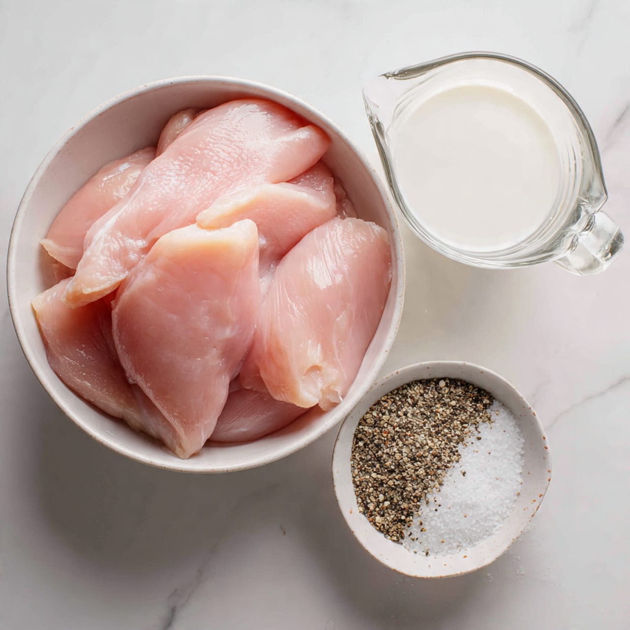 A white bowl is filled with several pieces of raw chicken that are light pink and smooth in texture, placed on a white marbled surface. To the right, there is a clear glass measuring cup with a handle, containing a white liquid. Below it, a small white bowl holds a mix of black pepper and white salt, divided evenly in the bowl. The setting is neat with simple, clean lines, all photographed from above. photo taken with an iphone --ar 4:5 --v 7