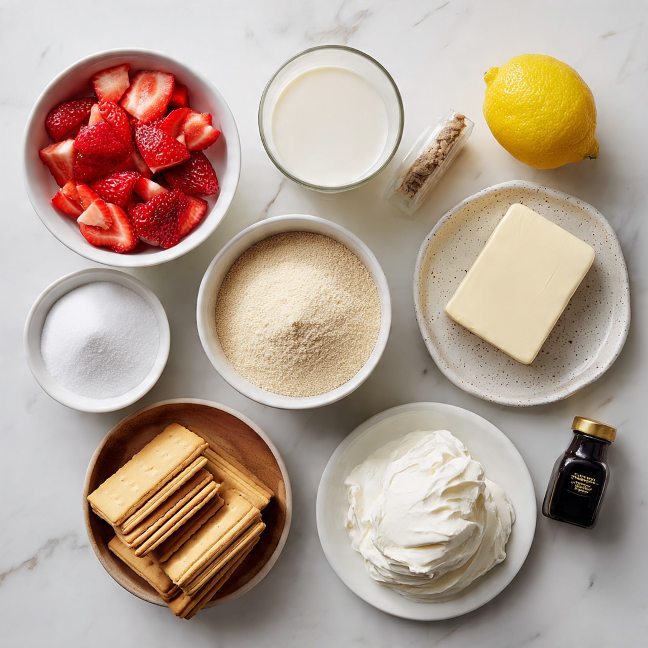 The image shows a top view of various dessert ingredients arranged neatly on a white marbled surface. There is a white bowl with red sliced strawberries on the left, above it a clear glass container filled with milk, a small white bowl with powdered white sugar, and a white speckled plate with a block of butter. In the middle, there’s a scalloped white bowl with granulated sugar. Below that, a brown bowl contains light tan rectangular graham crackers. To the bottom right, a small white speckled plate holds yellow sandwich cookies, and next to it is a white bowl with thick white cream. Two large blocks of smooth white cream cheese sit on a plain white plate. A small black bottle of vanilla paste lies centrally, slightly tilted. Finally, a whole lemon with bright yellow skin is positioned at the top right corner. Photo taken with an iphone --ar 4:5 --v 7