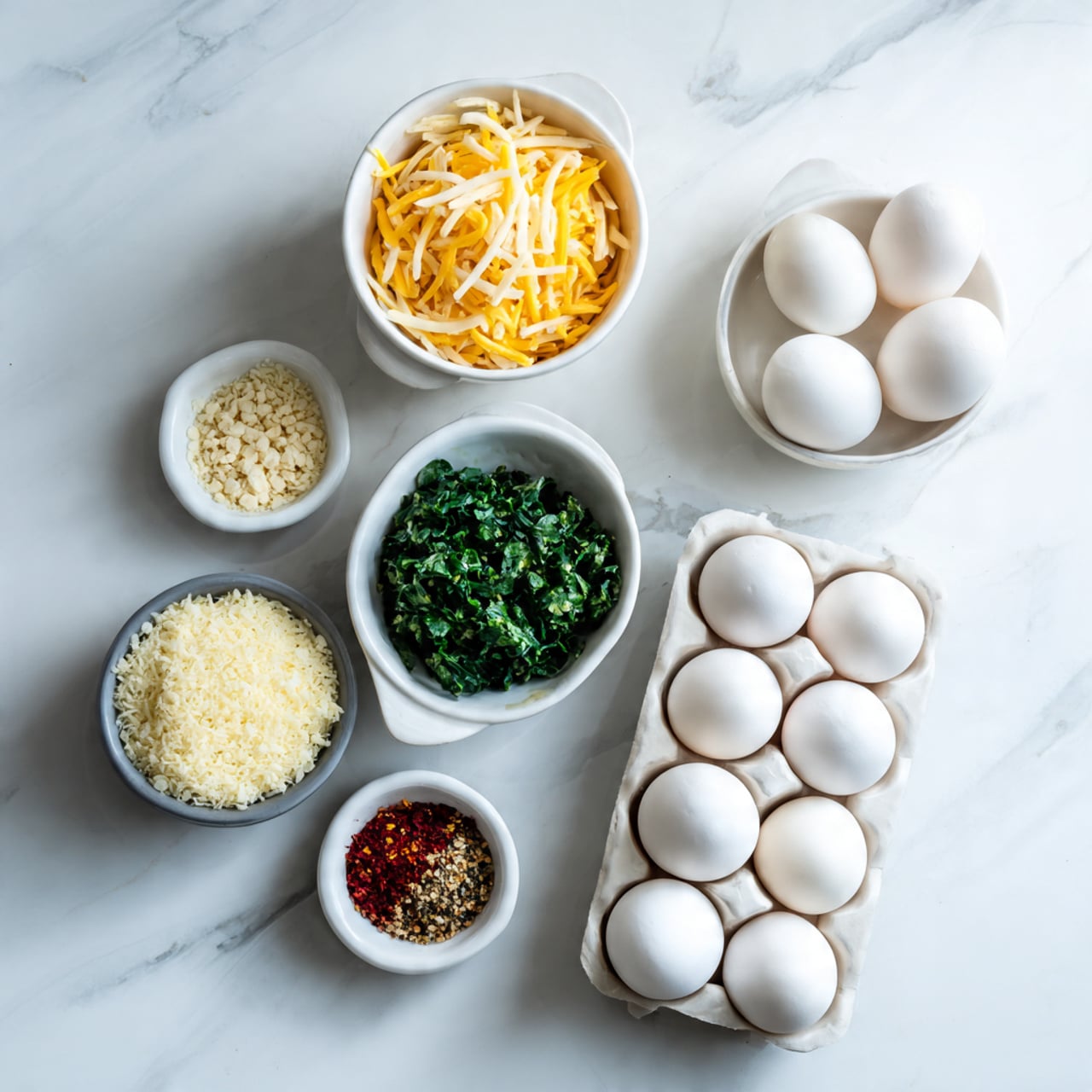 Five white bowls and a carton with eight white eggs are on a white marbled surface. The top bowl has shredded orange and white shredded vegetables. Below it, a white bowl is filled with dark green chopped leafy vegetables. Next to it is a smaller white bowl with mixed spices that have colors from cream, black, and red. A gray bowl on the left contains a creamy white textured cheese. The carton on the right holds eight smooth white eggs arranged in two rows. Photo taken with an iphone --ar 4:5 --v 7