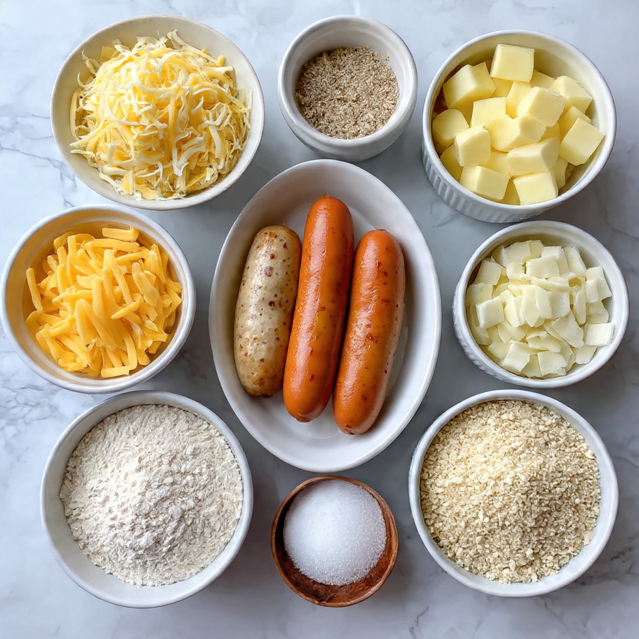The image shows nine small white bowls and containers on a white marbled surface, each filled with different cooking ingredients. At the center is an oval white bowl holding three light brown sausage rolls. Around it are a bowl of shredded cheese, a bowl of diced yellow potatoes, a bowl with white flour, a small bowl of white sugar, a small bowl with white granulated salt, a small bowl of yeast granules, a small bowl of white cornstarch, and a larger bowl filled with light beige breadcrumbs. The bowls are neatly arranged to form a balanced composition. Photo taken with an iphone --ar 4:5 --v 7