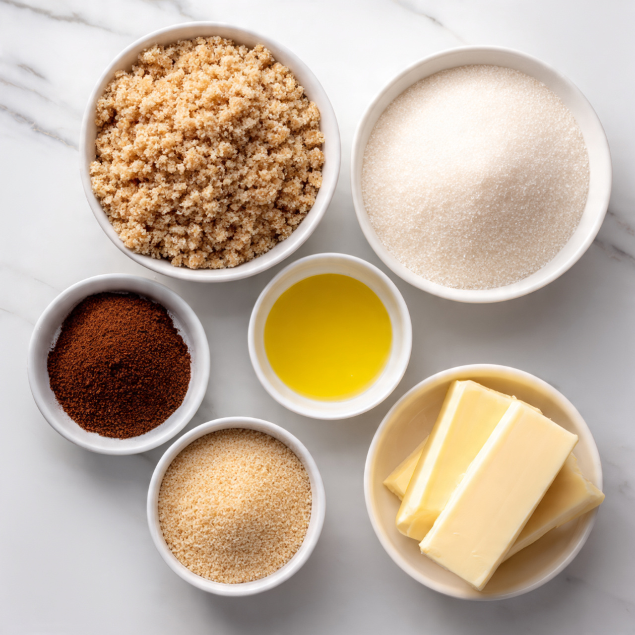 Six small white bowls sit on a white marbled surface, each holding a different ingredient. The top left bowl is filled with light brown, coarse crumbs. To its right, a bowl holds fine white granulated sugar. Below that, a bowl contains a bright yellow liquid, likely oil. To the right of the oil, a bowl has dark reddish-brown powder, possibly cinnamon. Below the crumbs is a bowl with fine tan granules. Lastly, on the bottom right, a bowl holds two rectangular slabs of pale yellow butter. All bowls have a simple, smooth texture. photo taken with an iphone --ar 4:5 --v 7